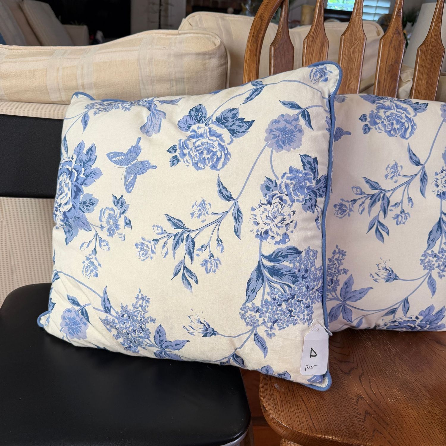 Pillow D - pair of blue and white floral, 17"