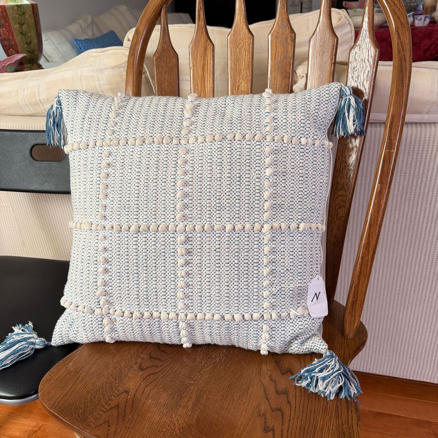 Pillow N - light blue, woven, with tassels, 17 Pillow N - light blue, woven, with tassels, 17"