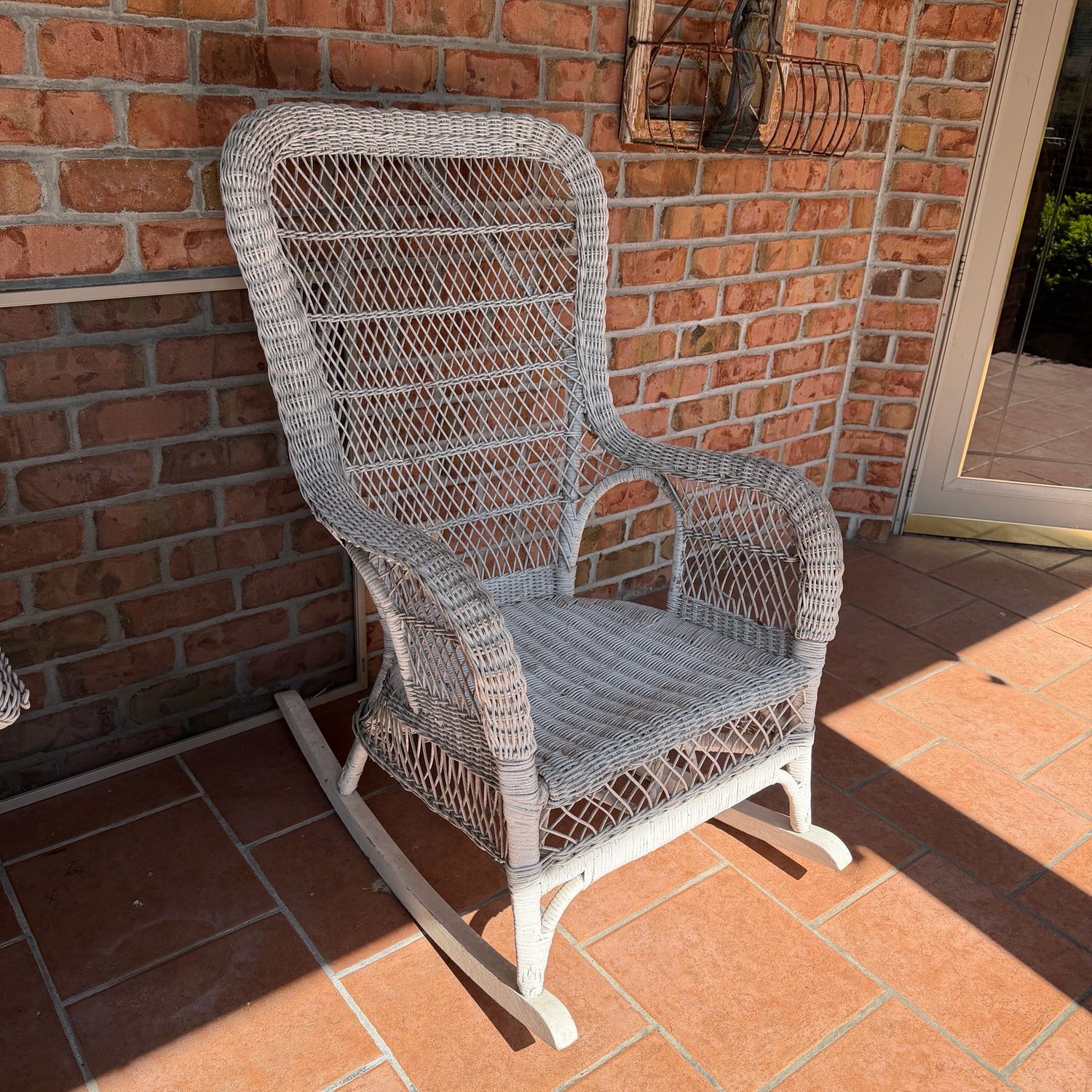 White Wicker Rocker, Rocking Chair, Some Wear, 44”h X 25”w