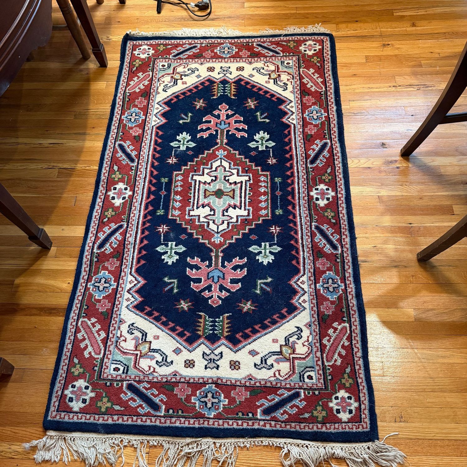 Turkish-pattern, 100% wool pile rug, some wear to fringe, made in India, 60 Turkish-pattern, 100% wool pile rug, some wear to fringe, made in India, 60" x 32"