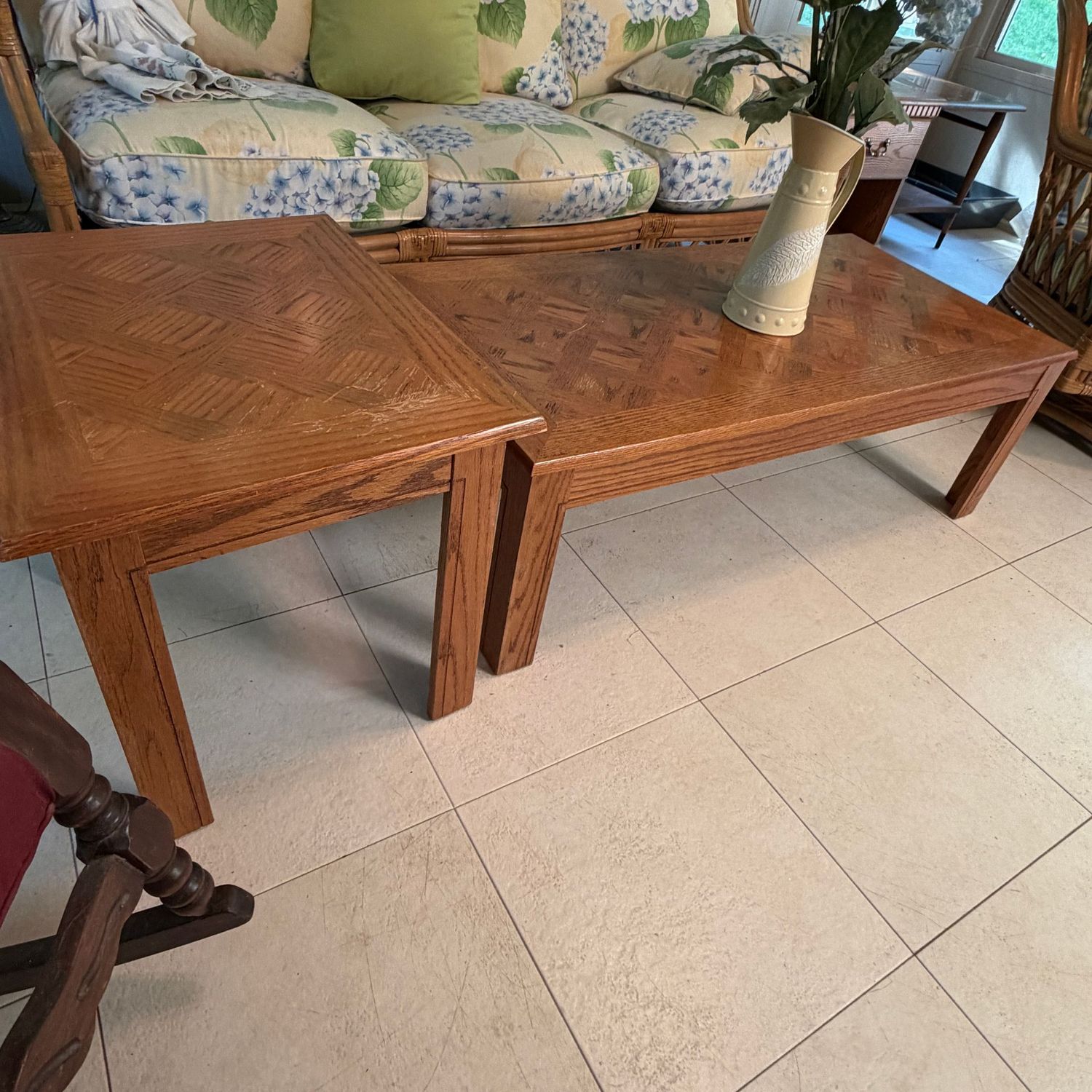 Rectangular coffee table (14 Rectangular coffee table (14"H x 36"L x 21"W), and coordinating side table (17"H x 21"L x 17"W), some wear & scratches