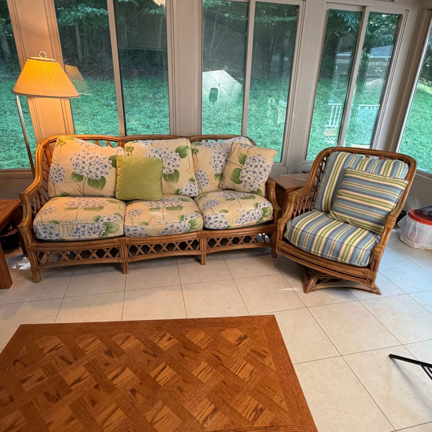 Lane Venture rattan loveseat (74"L x 36"D x 36"H), and rocking side chair (27"W), some wear to finish, fabric needs cleaning, very sturdy & comfortable,