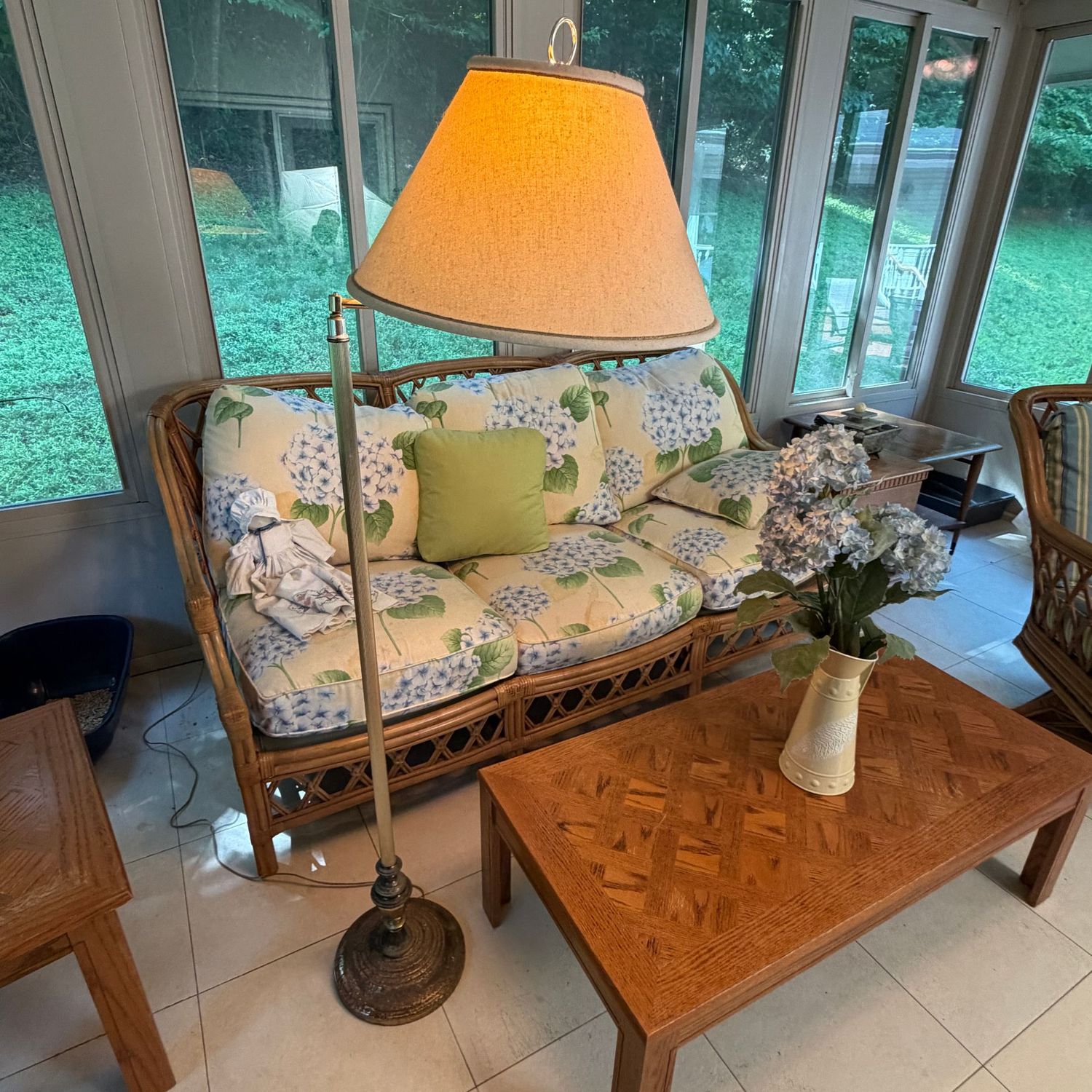 Swing-arm floor lamp, some wear to the finish on the base, works well, 58 Swing-arm floor lamp, some wear to the finish on the base, works well, 58"H