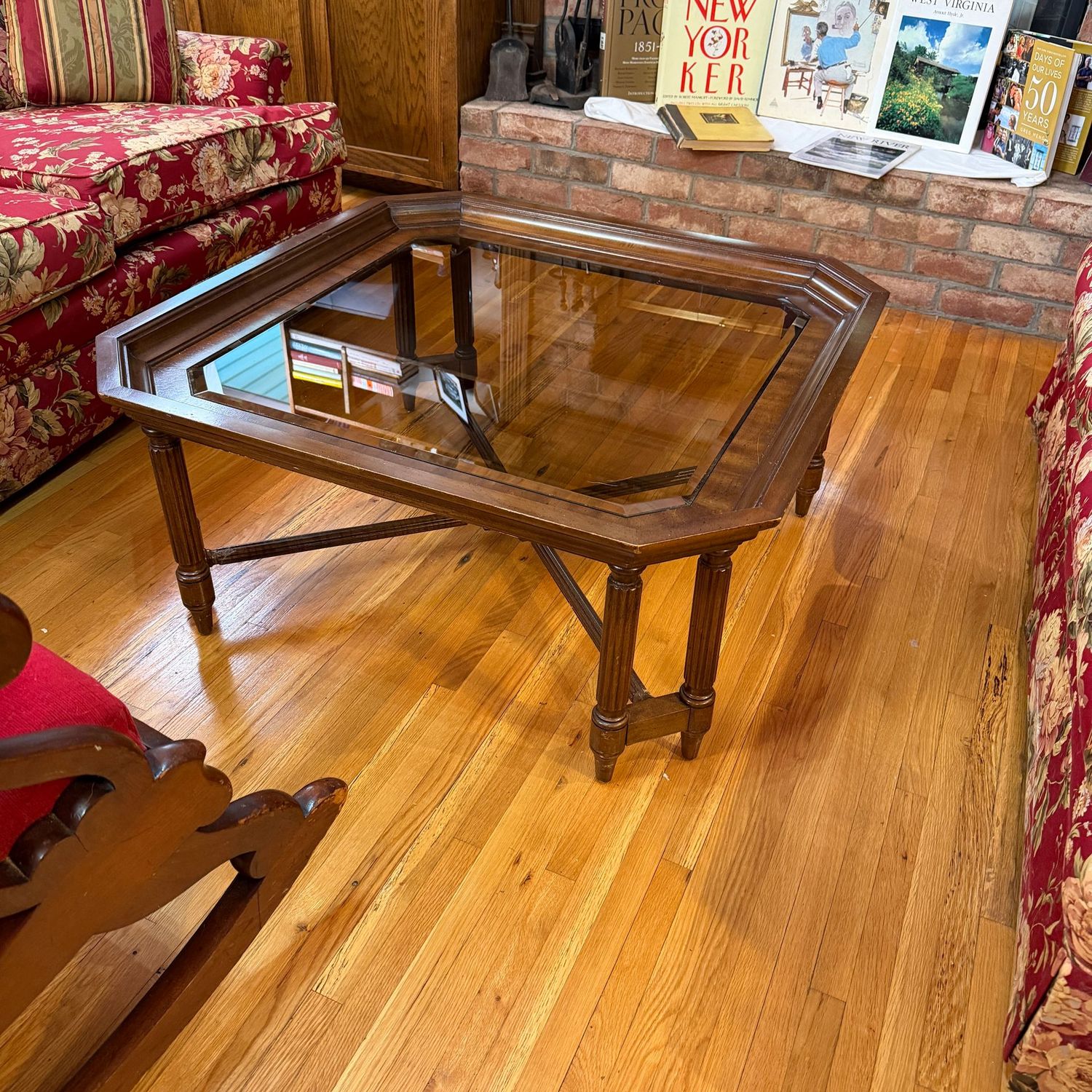 Vintage square cocktail table with beveled glass, mild wear to wood, 16 Vintage square cocktail table with beveled glass, mild wear to wood, 16" x 36"W