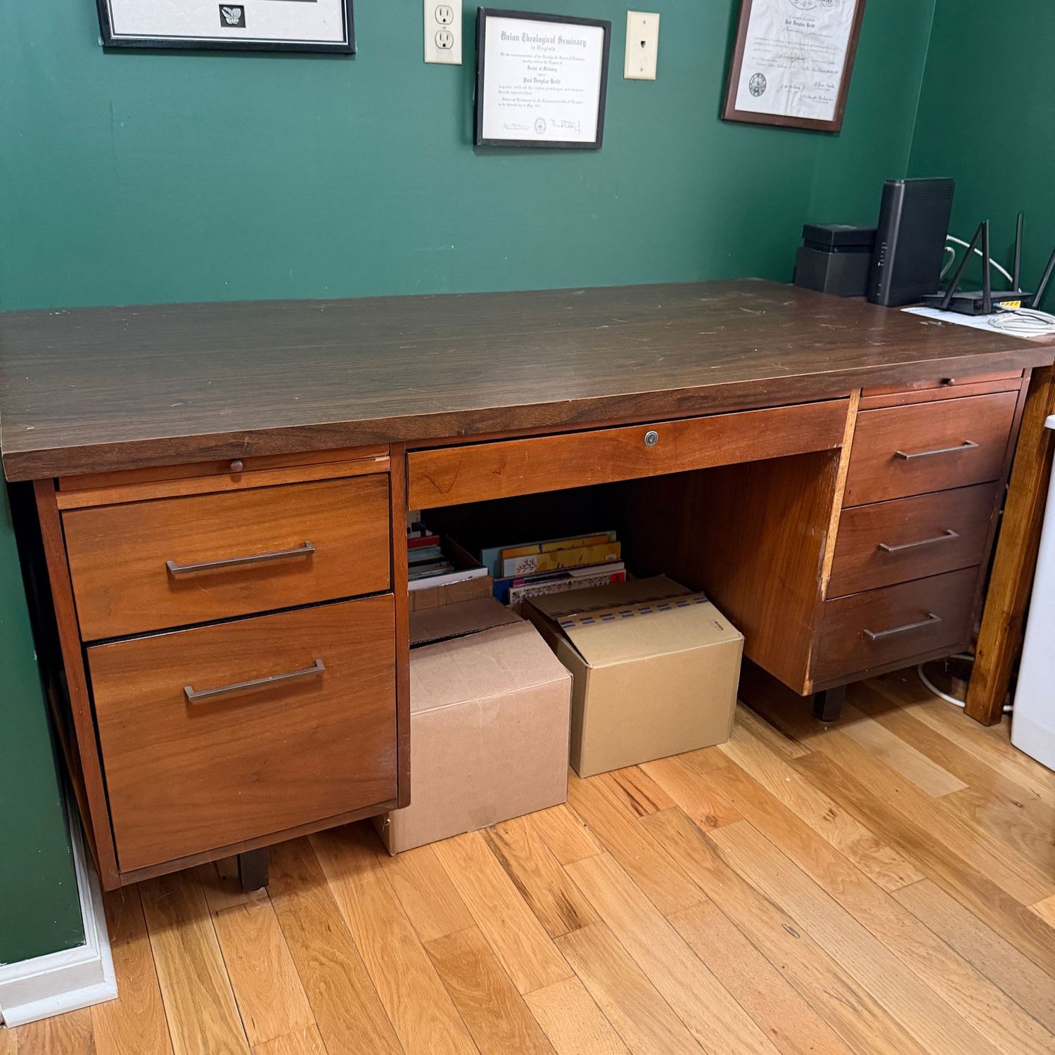 Large vintage wood desk, sturdy, great look, drawers open easily, strip of veneer missing on right front (see photos), very heavy, some wear, 60"W x 30"D