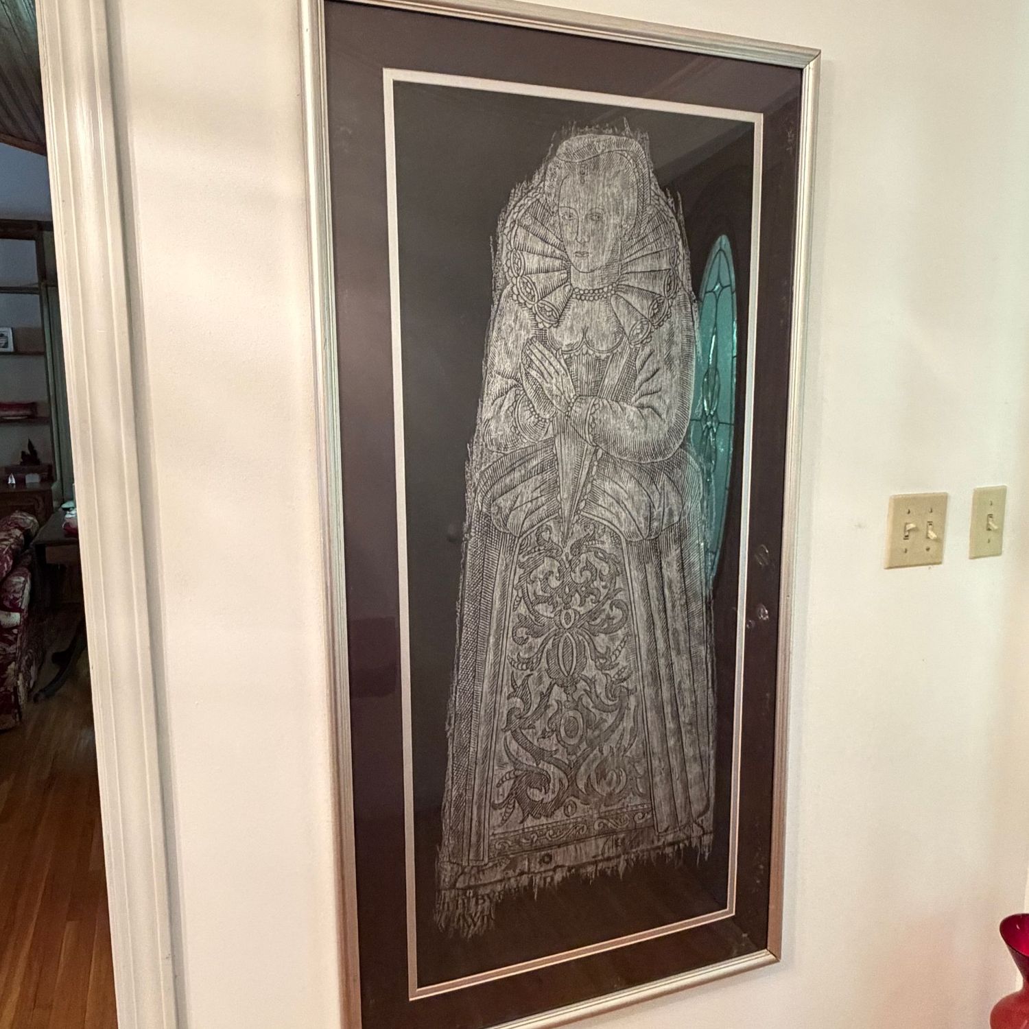 Large rubbing, medieval woman, some minor spotting to matting or inside plexiglass, 52 Large rubbing, medieval woman, some minor spotting to matting or inside plexiglass, 52"H x 26"W