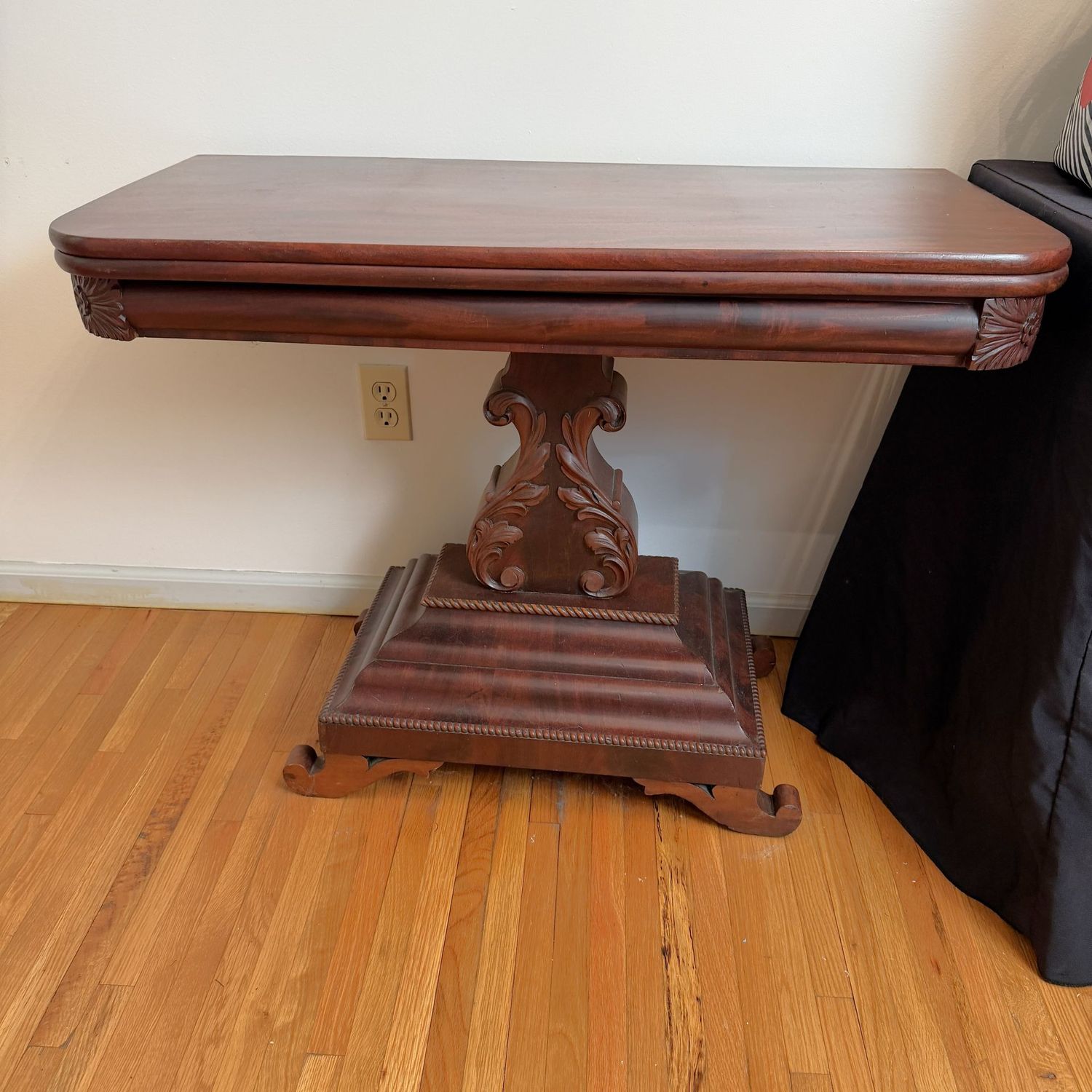 Regency-style flip-top game table, flame mahogany finish, lovely condition, minor wear, 28 Regency-style flip-top game table, flame mahogany finish, lovely condition, minor wear, 28"H x 36"L & 18"D when closed