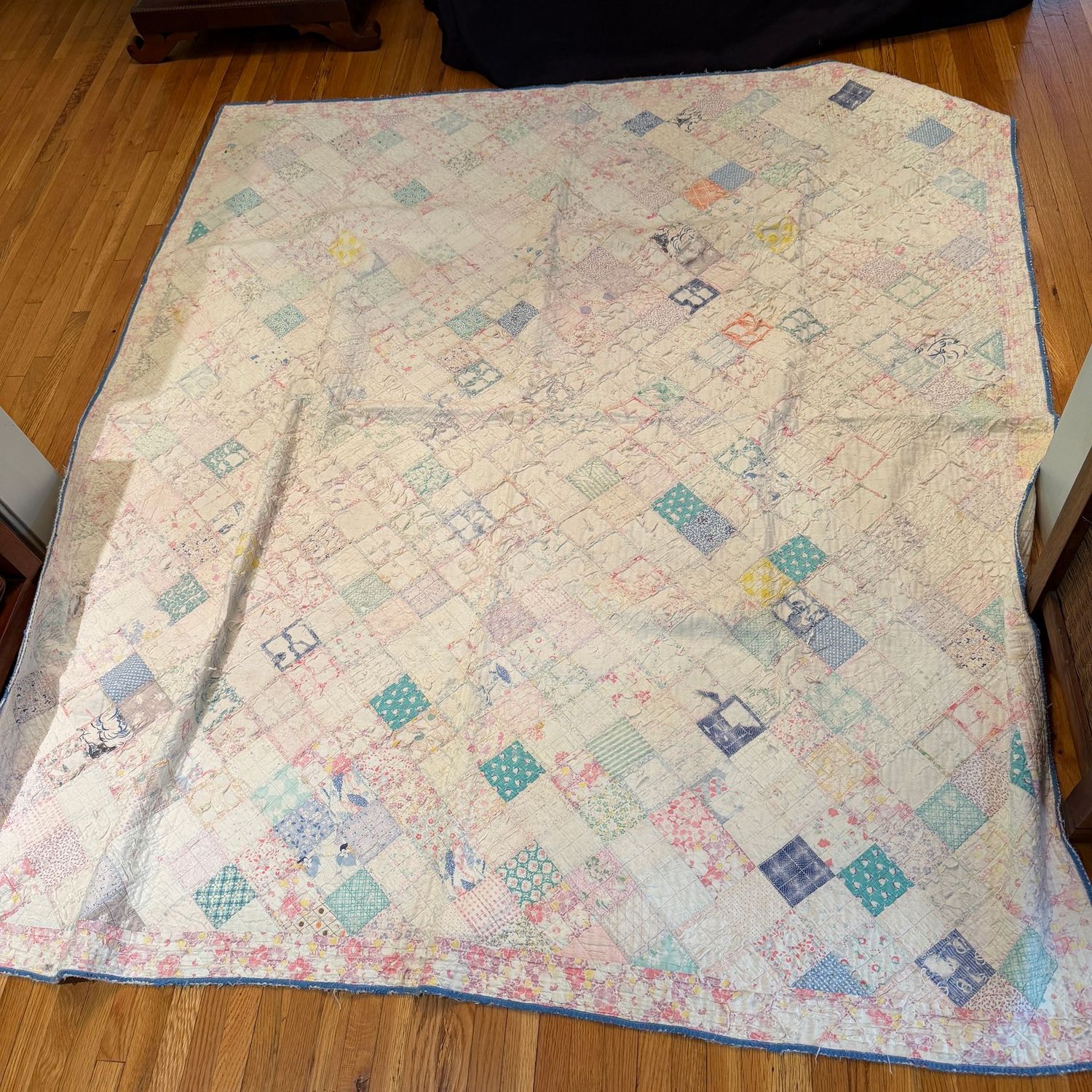 Antique feed sack patchwork quilt, wear to the entire top surface, some spots or stains, great for a primitive display, 6' x 5'8 Antique feed sack patchwork quilt, wear to the entire top surface, some spots or stains, great for a primitive display, 6' x 5'8"
