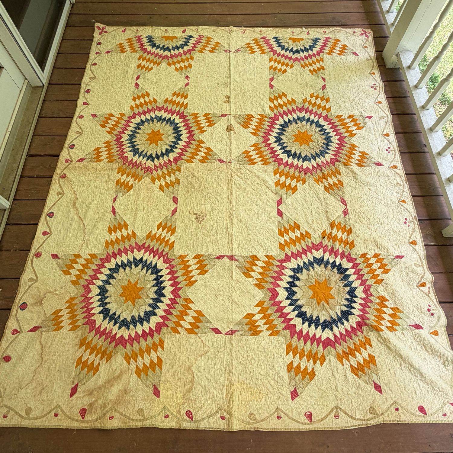 Antique star of Bethlehem quilt, has some stains & thinning, 7'4 Antique star of Bethlehem quilt, has some stains & thinning, 7'4" x 5'8"