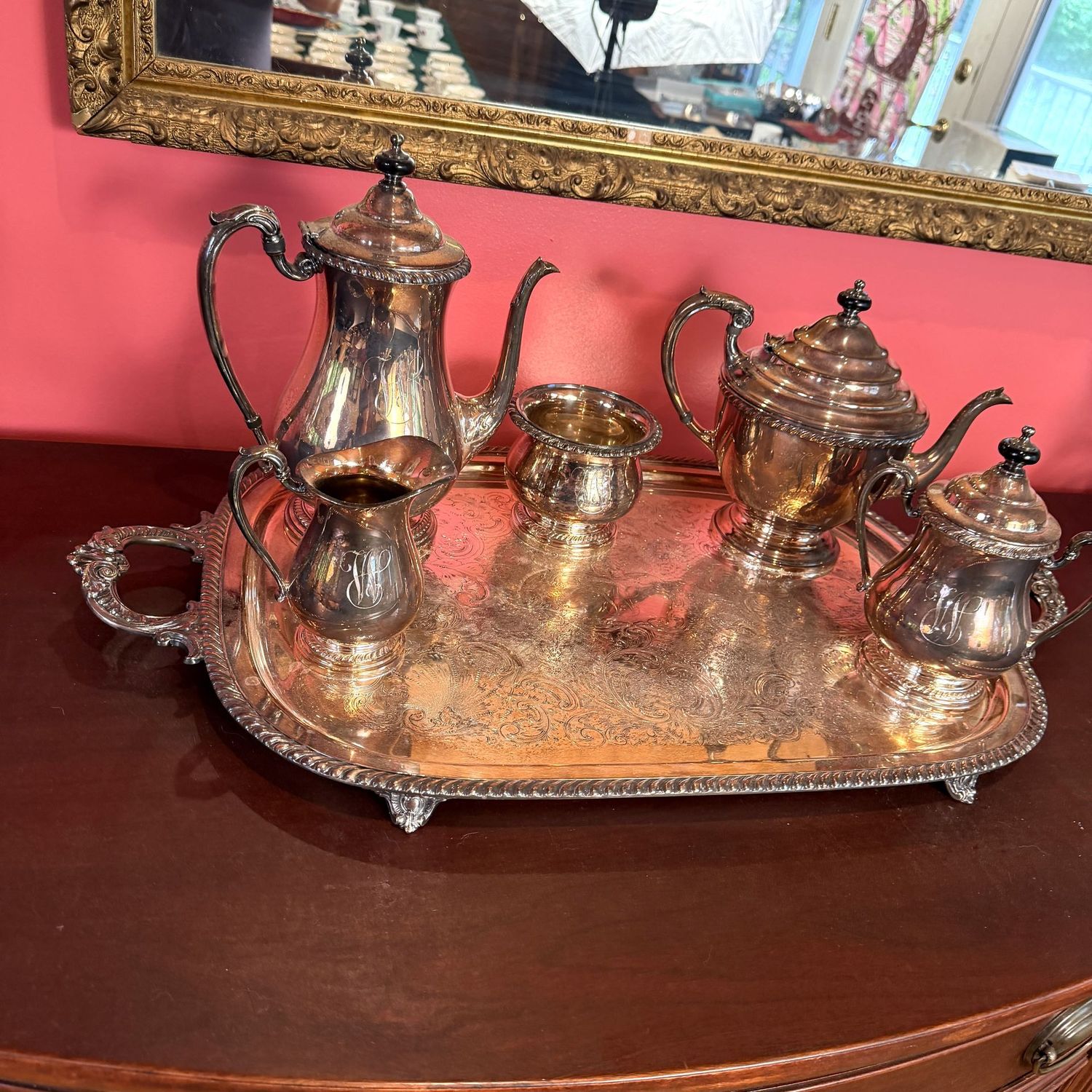 Silver-plated tea & coffee service with sugar, covered creamer, waste, and 28 Silver-plated tea & coffee service with sugar, covered creamer, waste, and 28"L tray, monogrammed 'W'