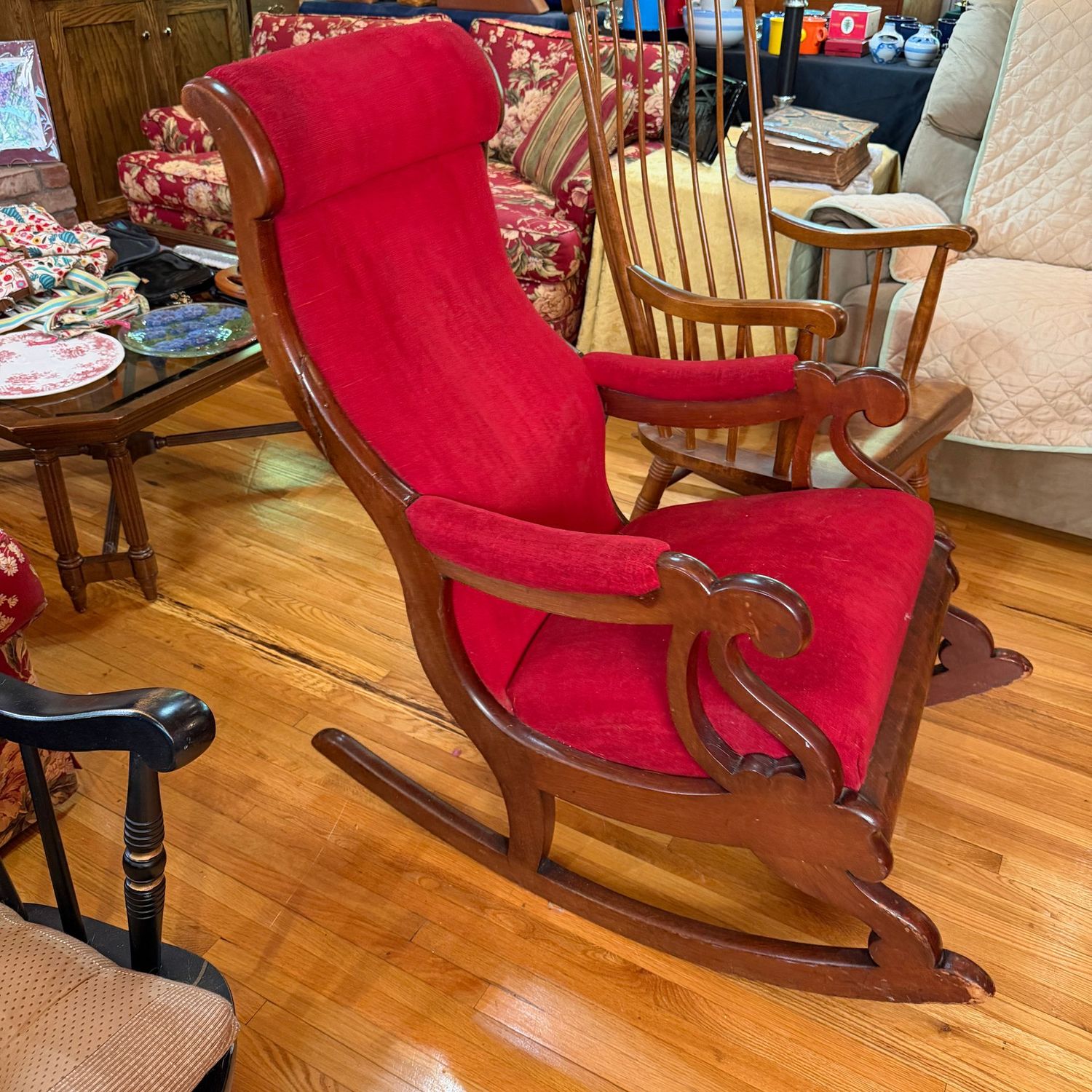 Victorian walnut rocker with red velvet upholstery, overall good condition with a repaired split on right side of back (see photos), 40 Victorian walnut rocker with red velvet upholstery, overall good condition with a repaired split on right side of back (see photos), 40"H x 30"W