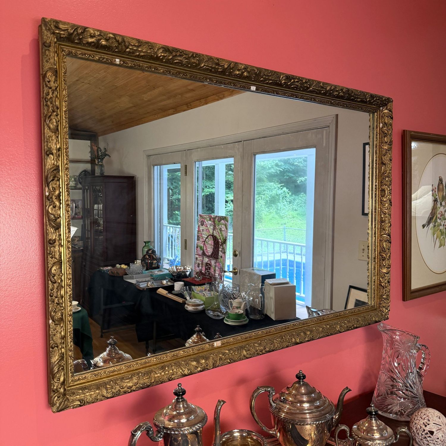 Large vintage gilt mirror, some bumps to the ornate decoration (see photos), and has had some repairs & paint touchup, 29 Large vintage gilt mirror, some bumps to the ornate decoration (see photos), and has had some repairs & paint touchup, 29" x 42"L