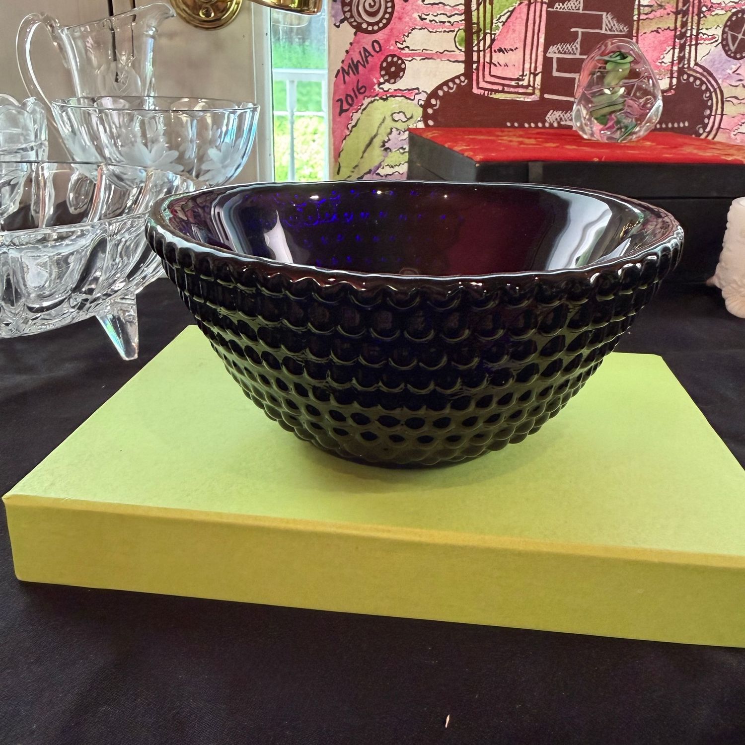 Deep blue, violet, hobnail Blenko glass bowl, 7 Deep blue, violet, hobnail Blenko glass bowl, 7"W