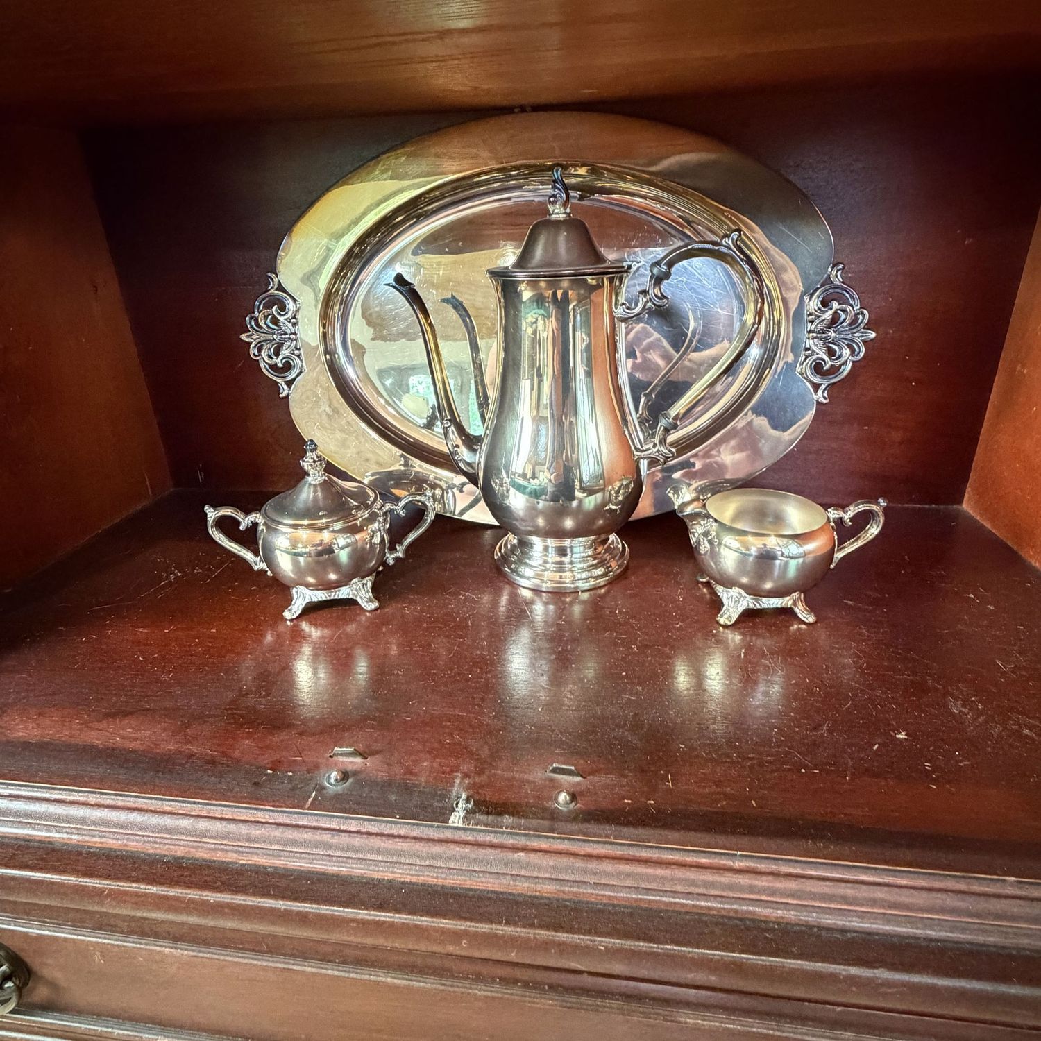Silver-plated coffee, creamer, sugar, large 20 Silver-plated coffee, creamer, sugar, large 20"W monogrammed platter