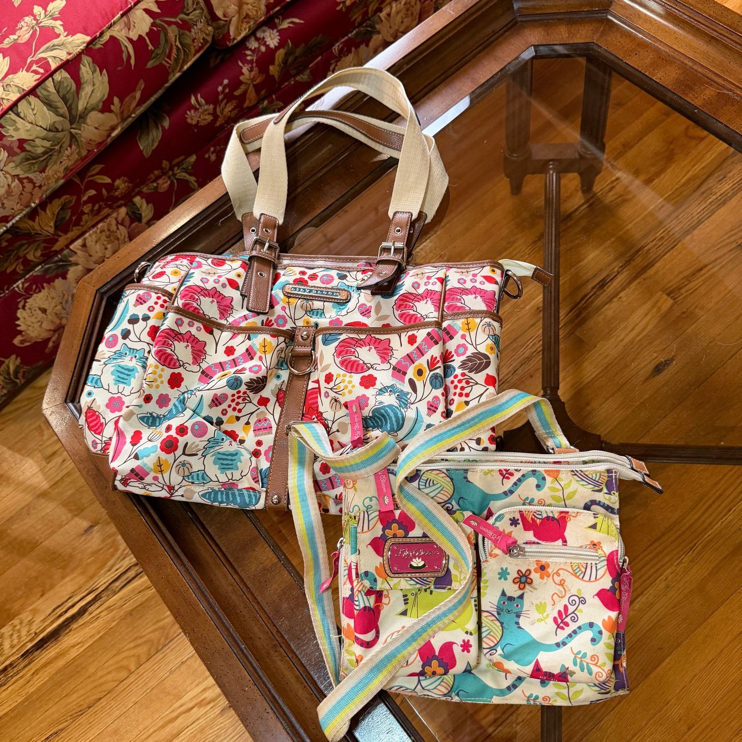 Lily Bloom canvas purses, some wear, the largest is 13 Lily Bloom canvas purses, some wear, the largest is 13"W