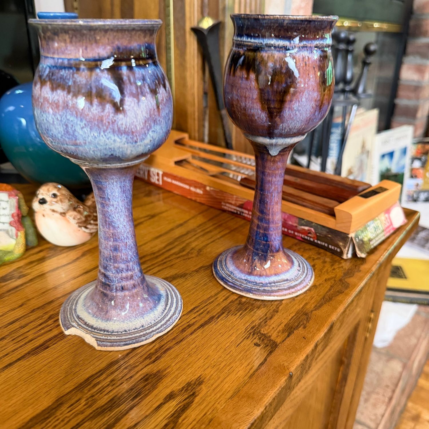 Pair of pottery chalices, votive holders, one has a chipped foot, 6.5 Pair of pottery chalices, votive holders, one has a chipped foot, 6.5"H