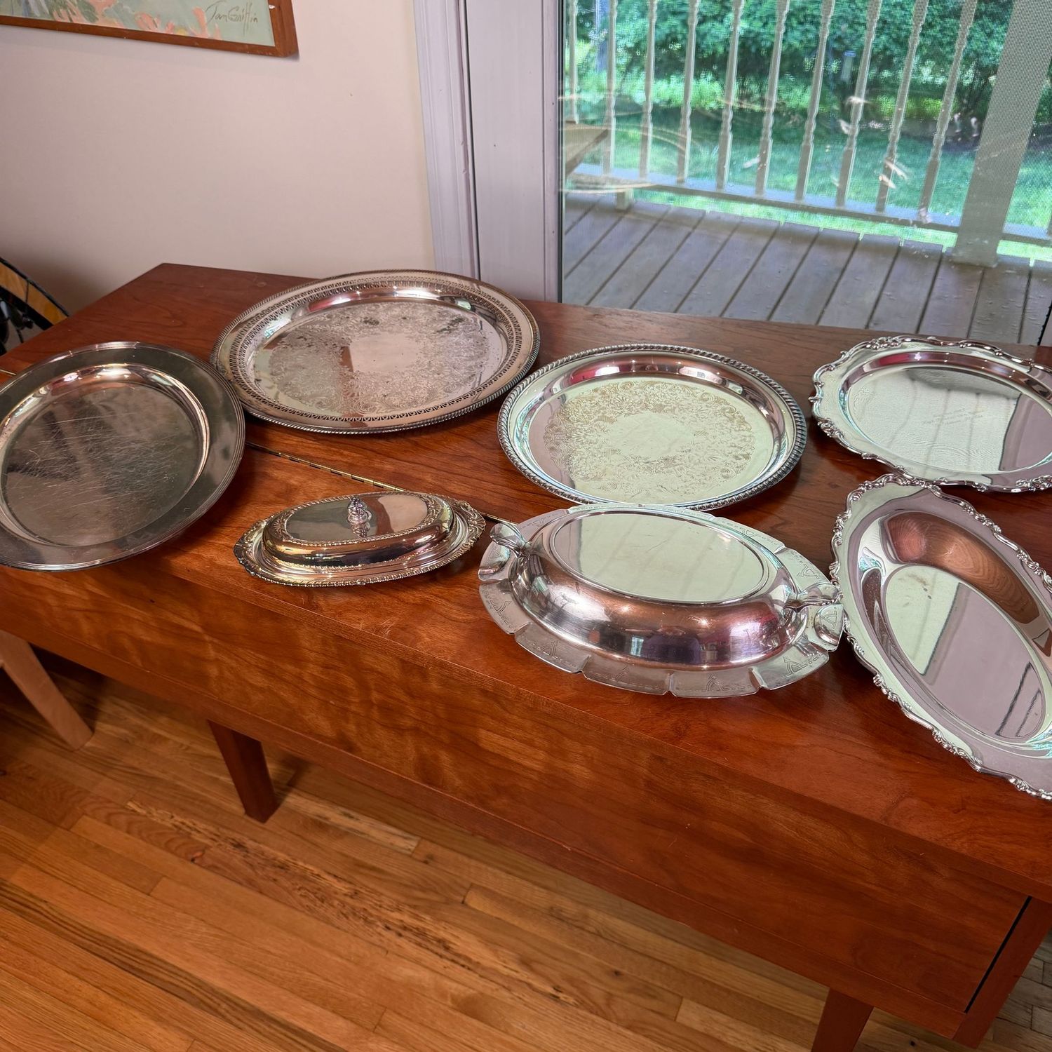 Group of silver-plated butter dish, casserole, and trays, the widest is 14 Group of silver-plated butter dish, casserole, and trays, the widest is 14"