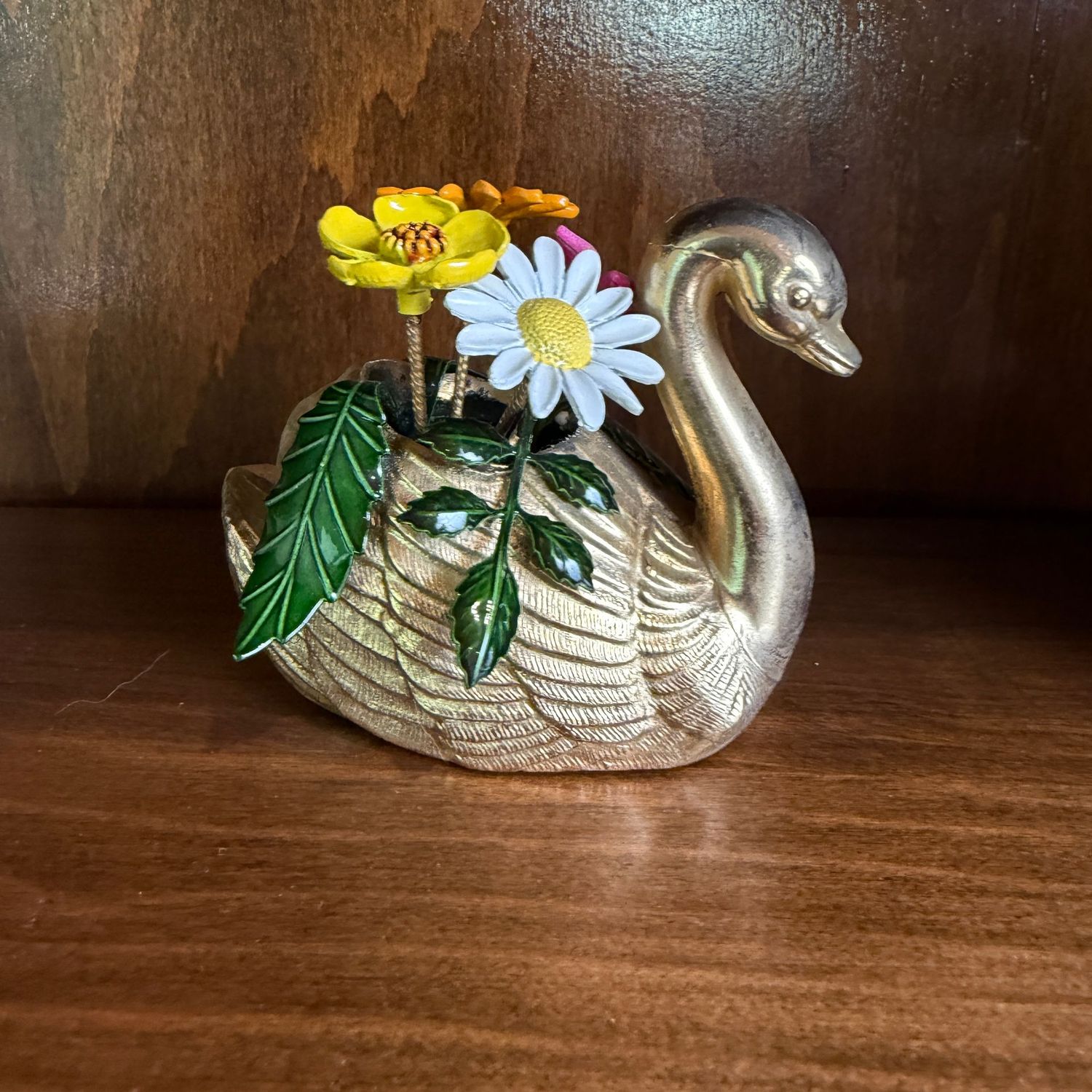 Brass swan with enameled flowers, 2.5"H