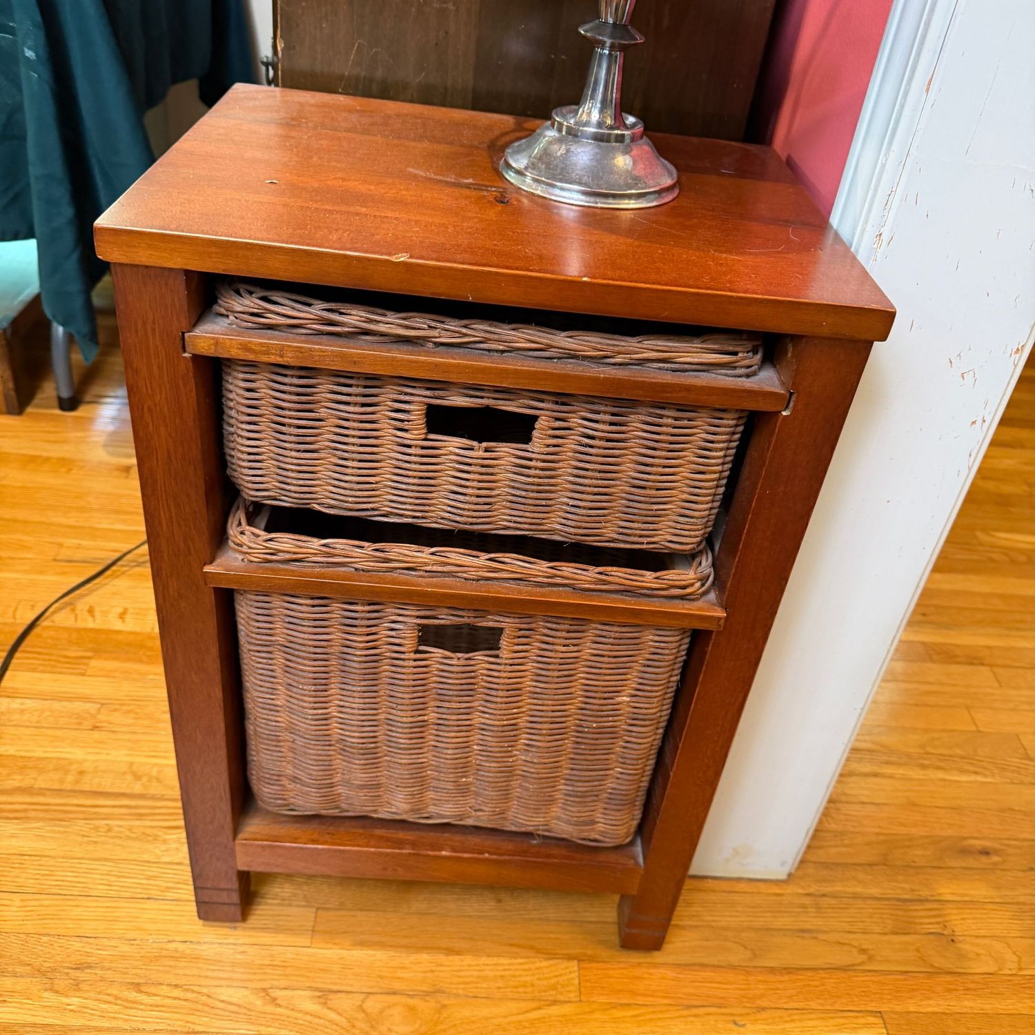 Side table with 2--drawer storage, basket drawers, some wear, several areas have wear to weaving, 24 Side table with 2--drawer storage, basket drawers, some wear, several areas have wear to weaving, 24"H x 17"W x 13"D