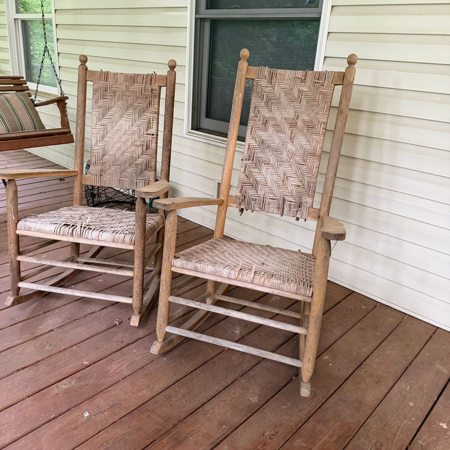 Two vintage patio rocks, sturdy, but weaving shows some wear, the tallest is 46 Two vintage patio rocks, sturdy, but weaving shows some wear, the tallest is 46"H x 38"W