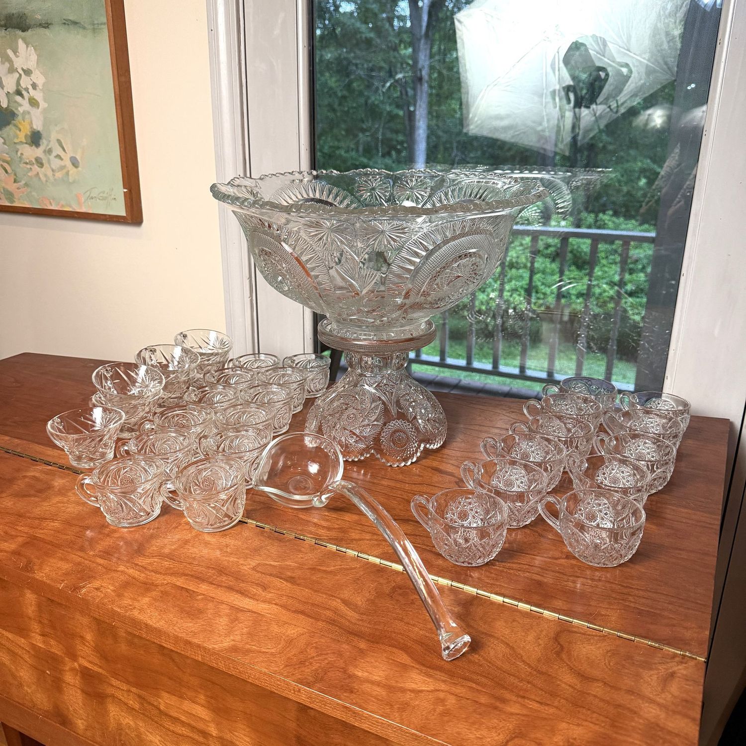 Large vintage punch bowl with base, ladle, and cups (variety of patterns, the bowl is 15 Large vintage punch bowl with base, ladle, and cups (variety of patterns, the bowl is 15"W