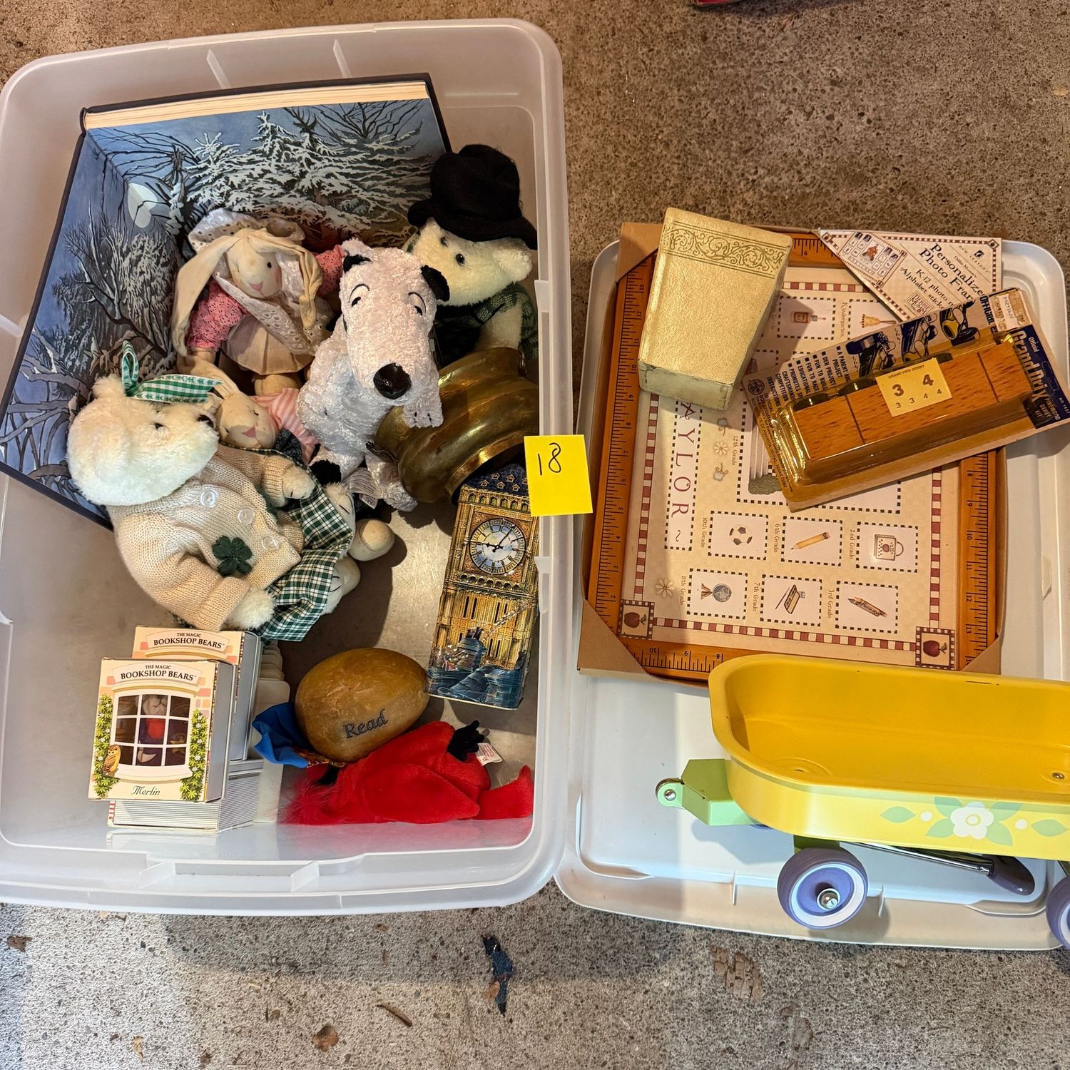 Lot #18, bin of decorative items, including plush, book, pinewood car Lot #18, bin of decorative items, including plush, book, pinewood car