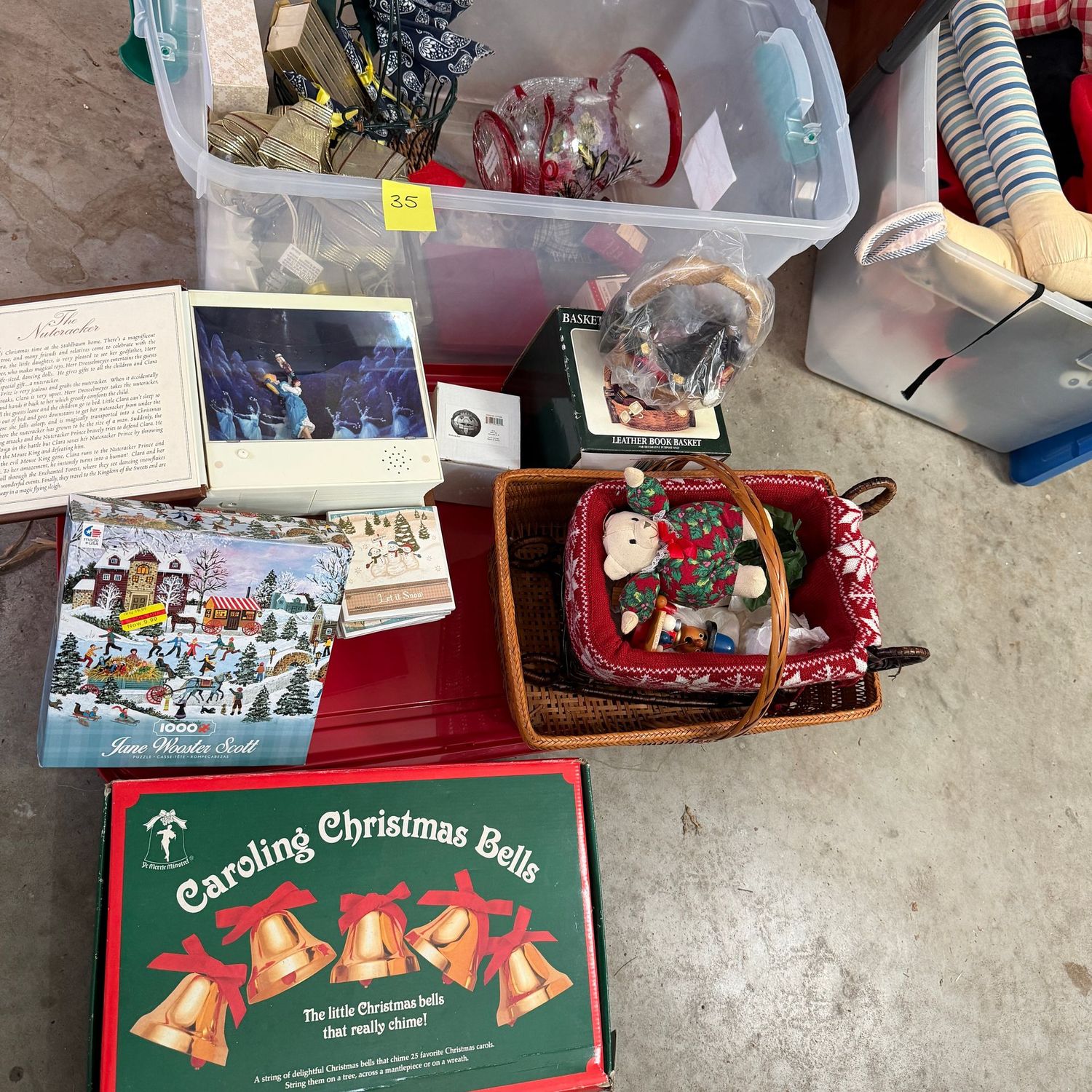 Lot #35, bin of Christmas decorations Lot #35, bin of Christmas decorations