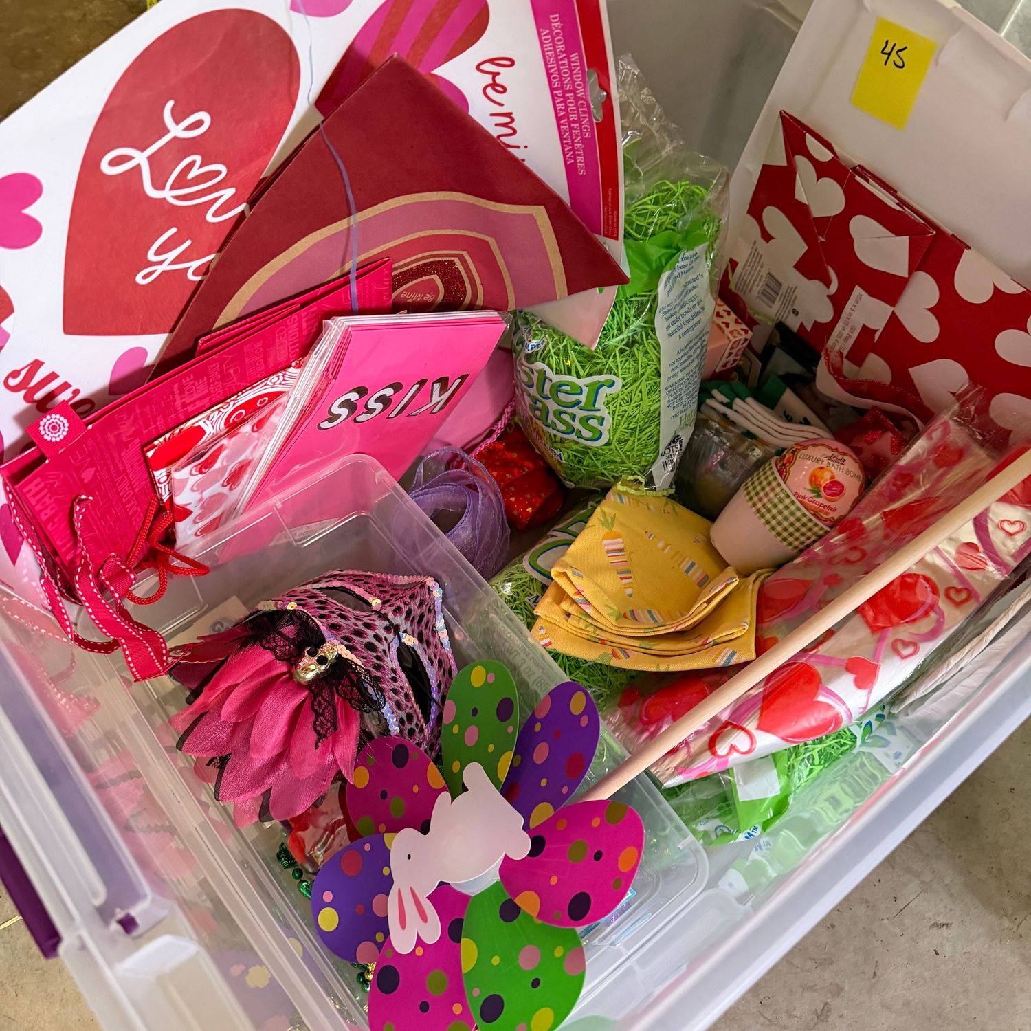Lot #45, bin of decorations, Valentine, Mardi Gras Lot #45, bin of decorations, Valentine, Mardi Gras