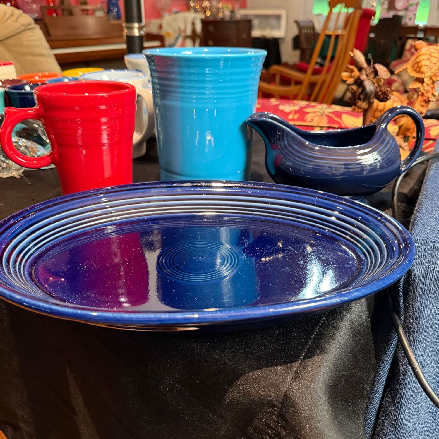Group of Fiesta Ware tall mug, gravy, utensil holder, oval blue tray, dish, 13 Group of Fiesta Ware tall mug, gravy, utensil holder, oval blue tray, dish, 13"
