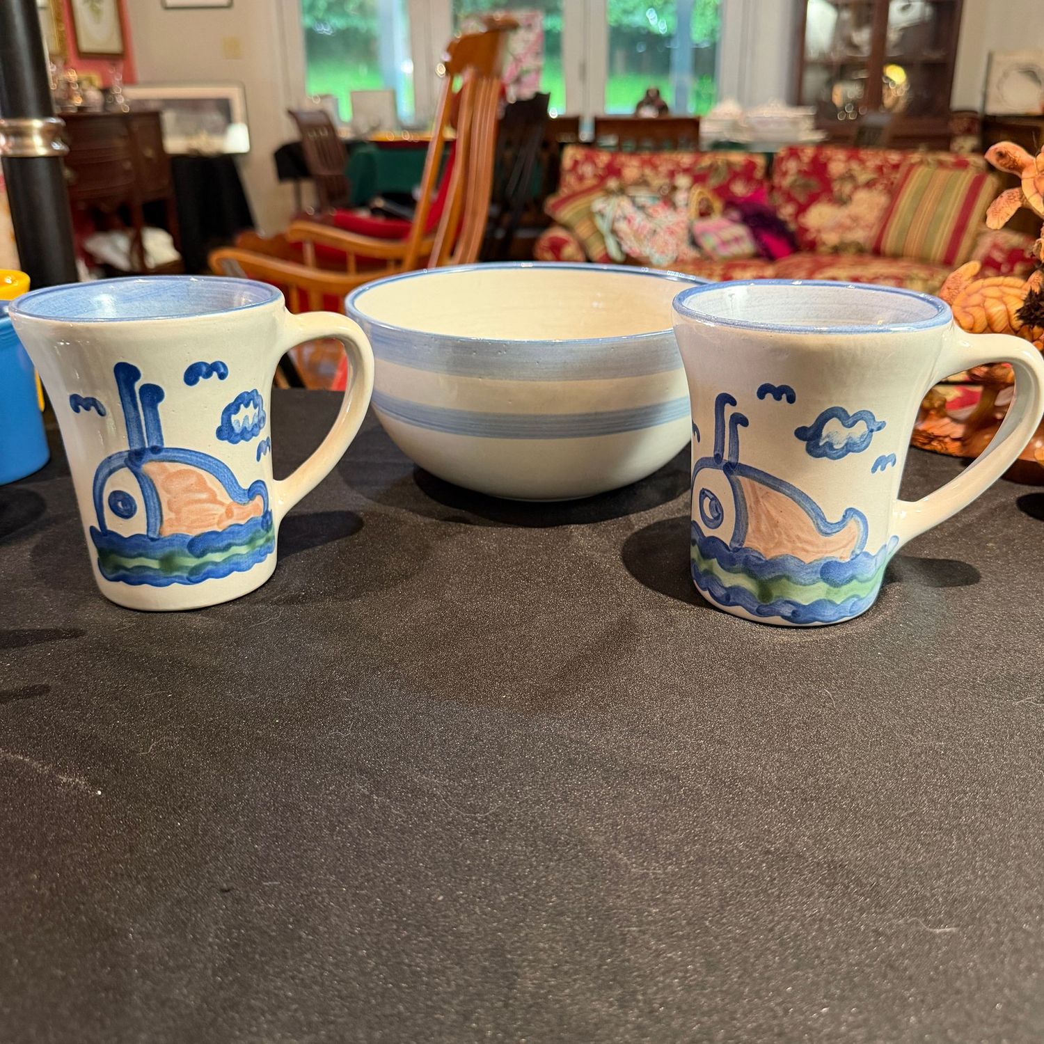 Group of Hadley pottery whale mugs, 8 Group of Hadley pottery whale mugs, 8"W lamb bowl