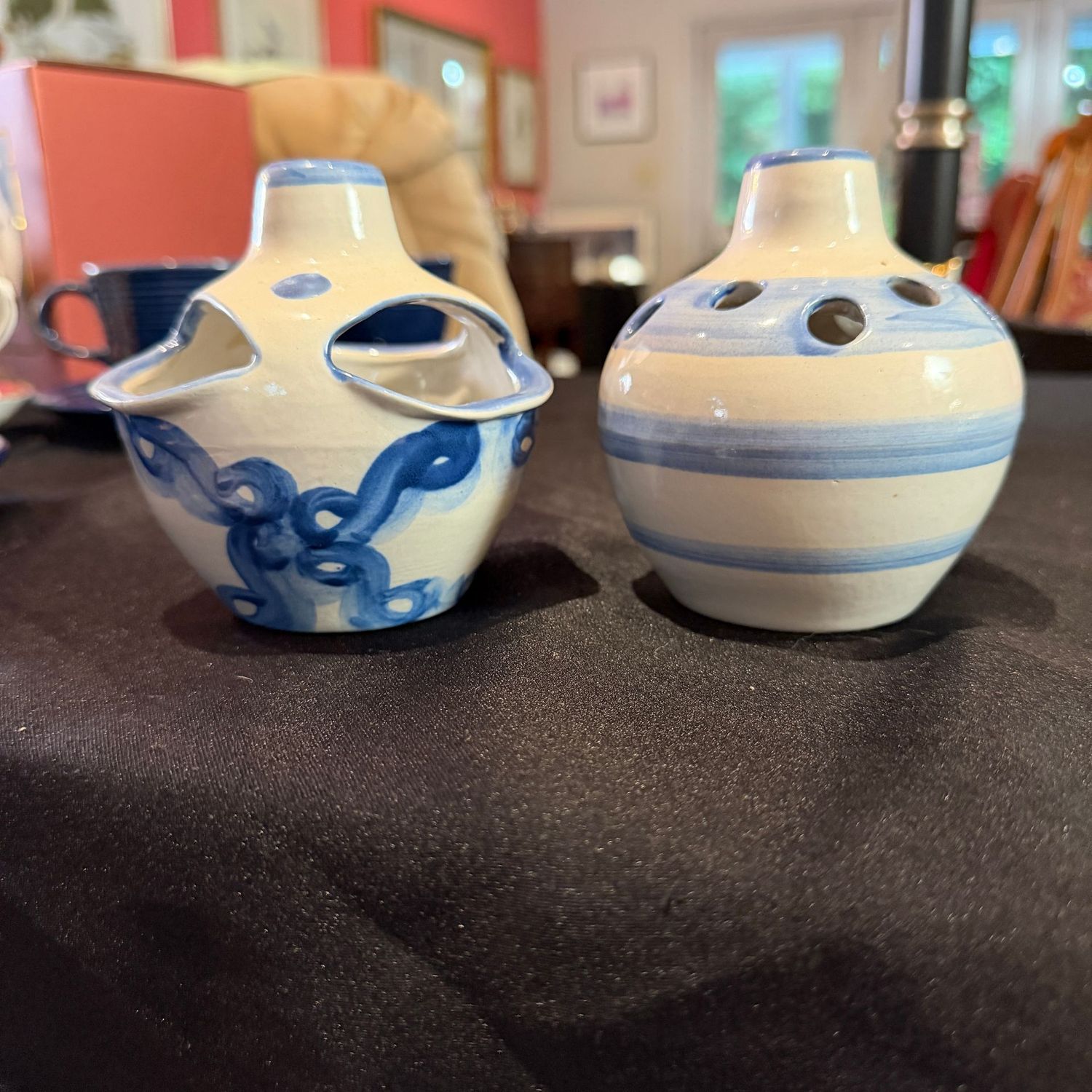 Blue and white Hadley insence, vase, small succulent holders, 4"