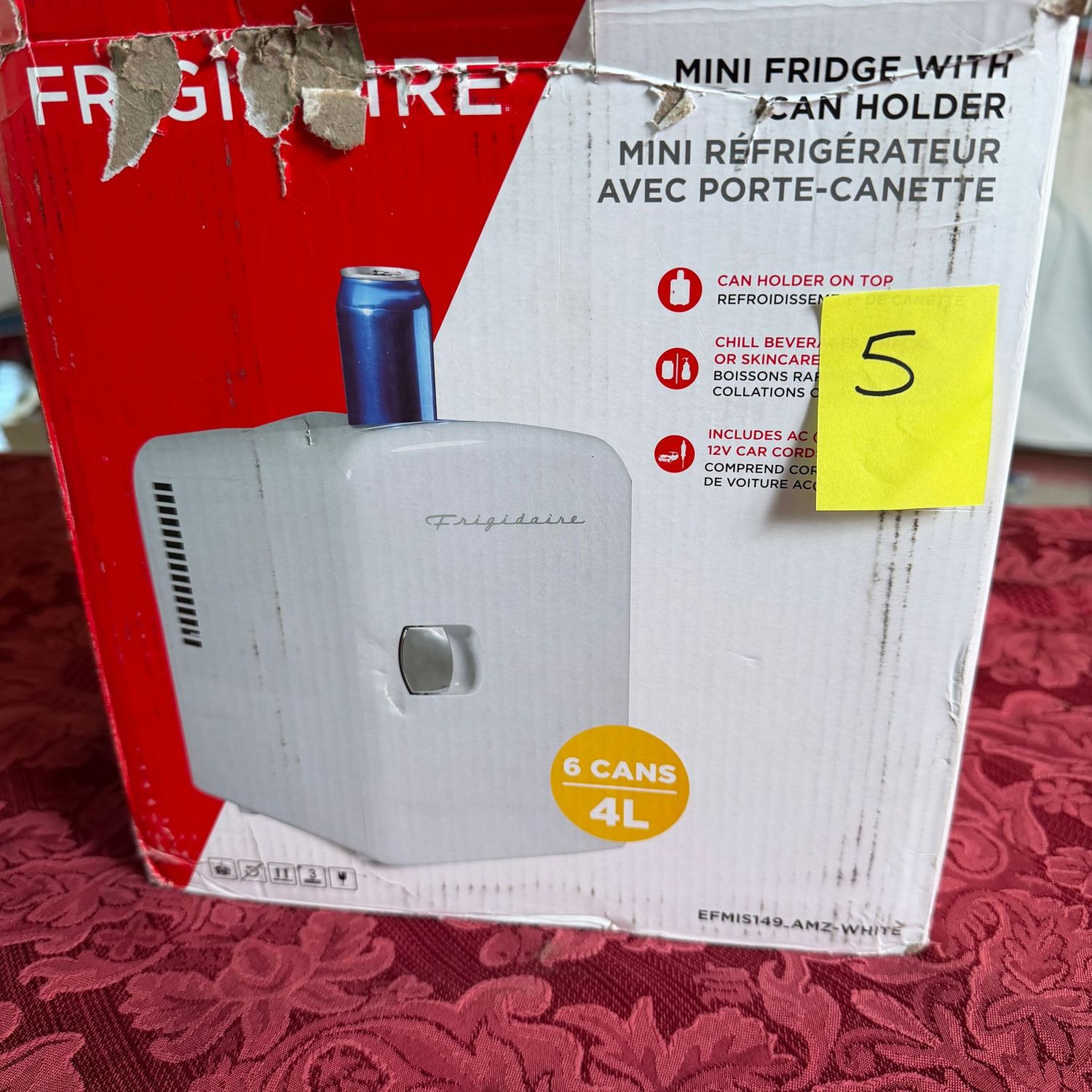 Lot #5, Frigidaire mini fridge, fits 6 cans Lot #5, Frigidaire mini fridge, fits 6 cans