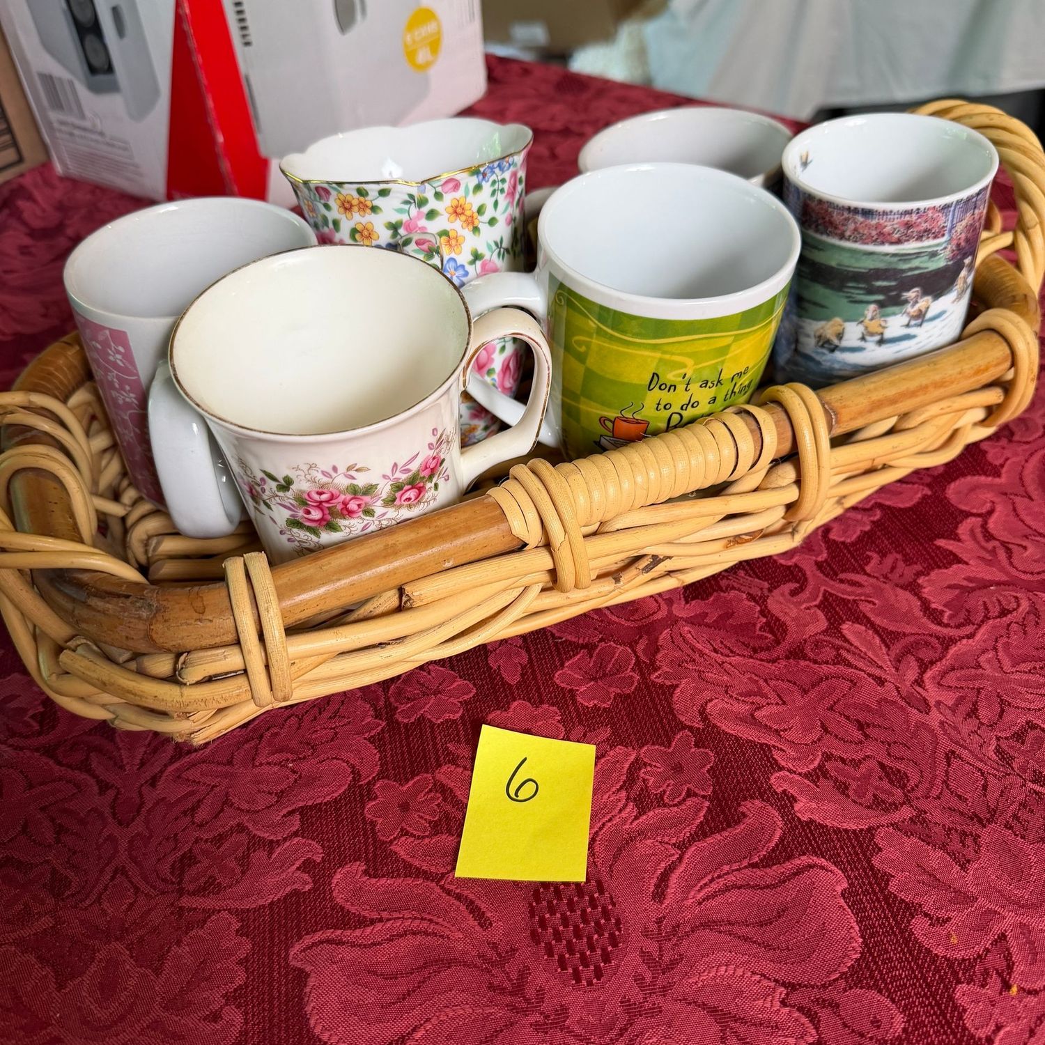 Lot #6, basket of mugs, floral Lot #6, basket of mugs, floral