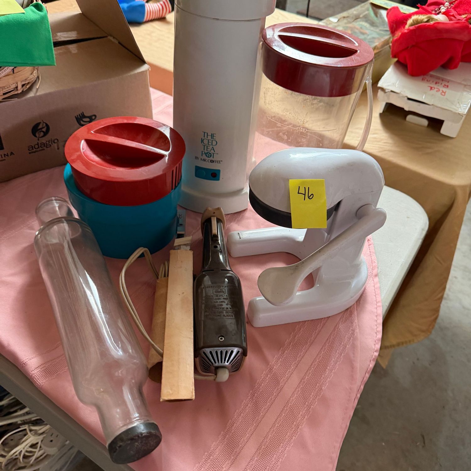 Lot #46, box with iced tea maker, juicer, glass rolling pin