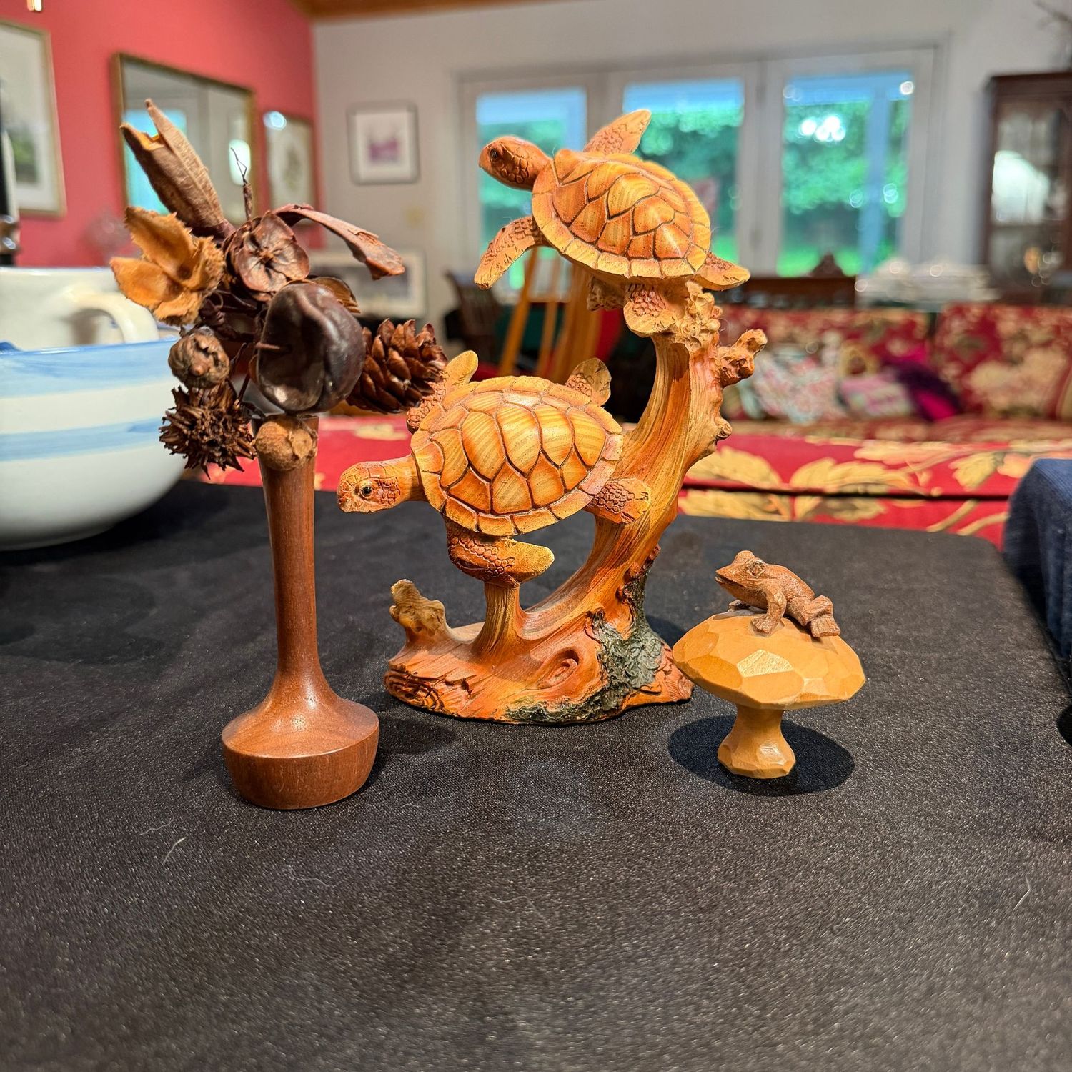 Decorative grouping of wood bud vase, wood frog on mushroom, 7 Decorative grouping of wood bud vase, wood frog on mushroom, 7"H resin turtle