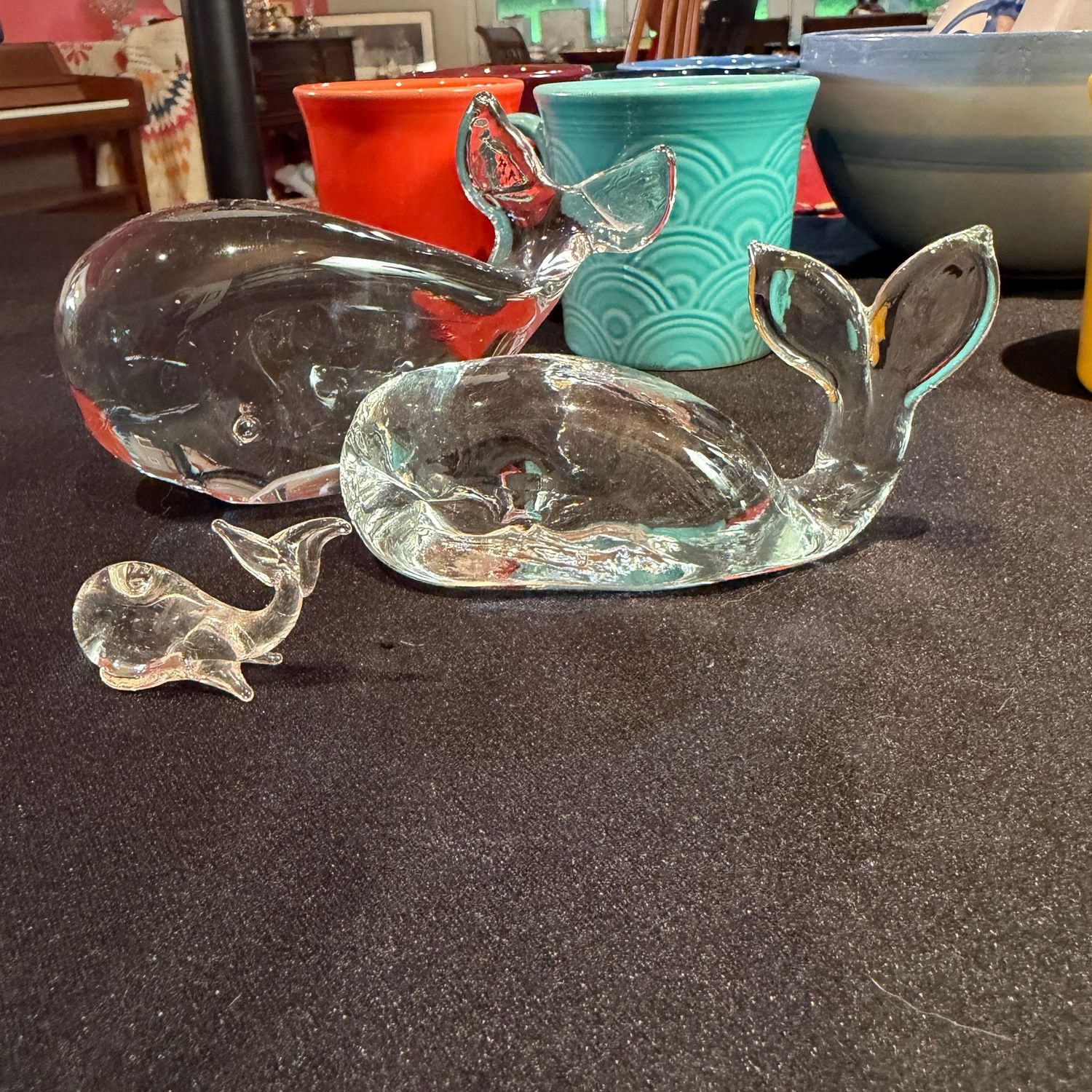 Three clear glass whales, the largest is 5 Three clear glass whales, the largest is 5"