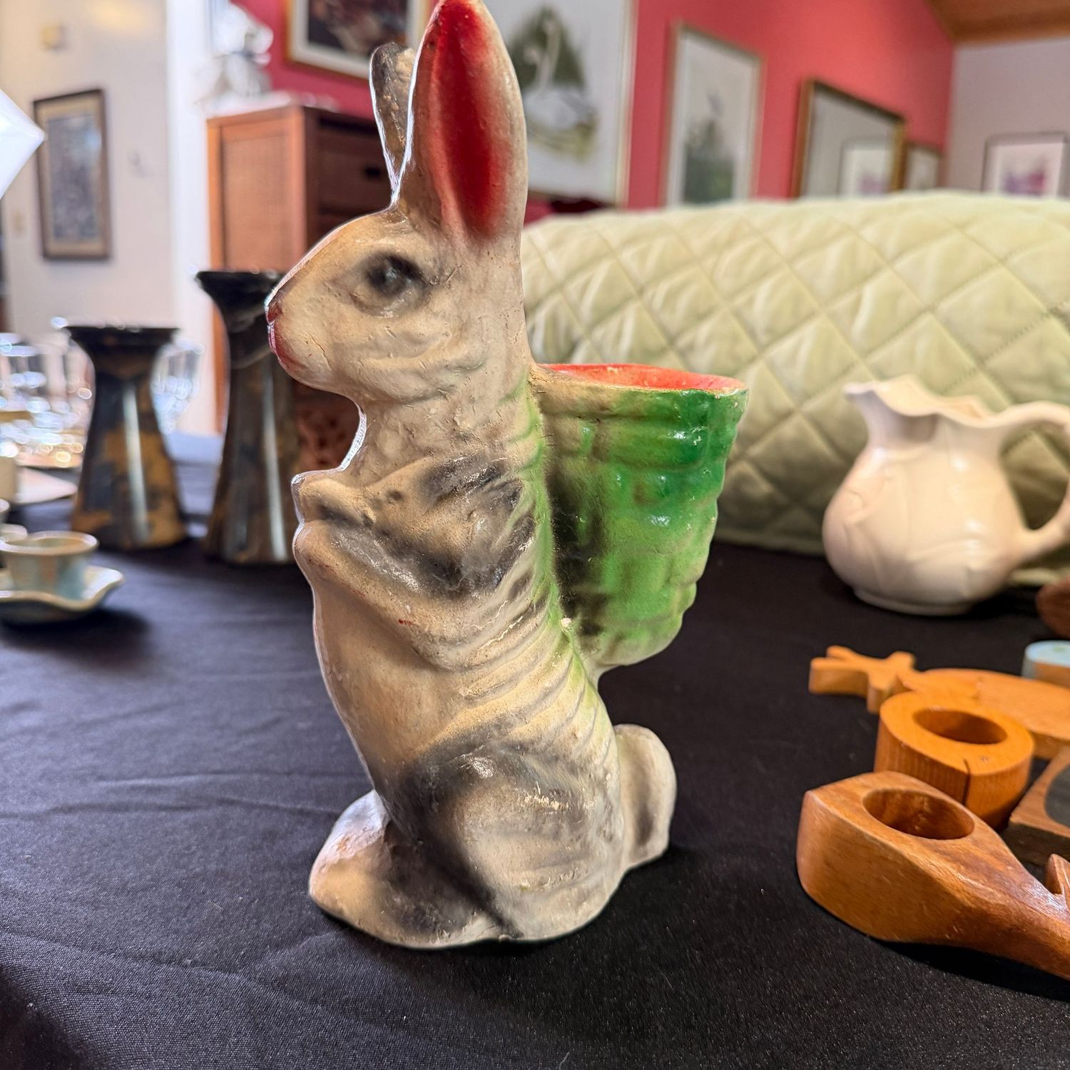 Vintage chalkware rabbit planter, chip on tail, 9 Vintage chalkware rabbit planter, chip on tail, 9"