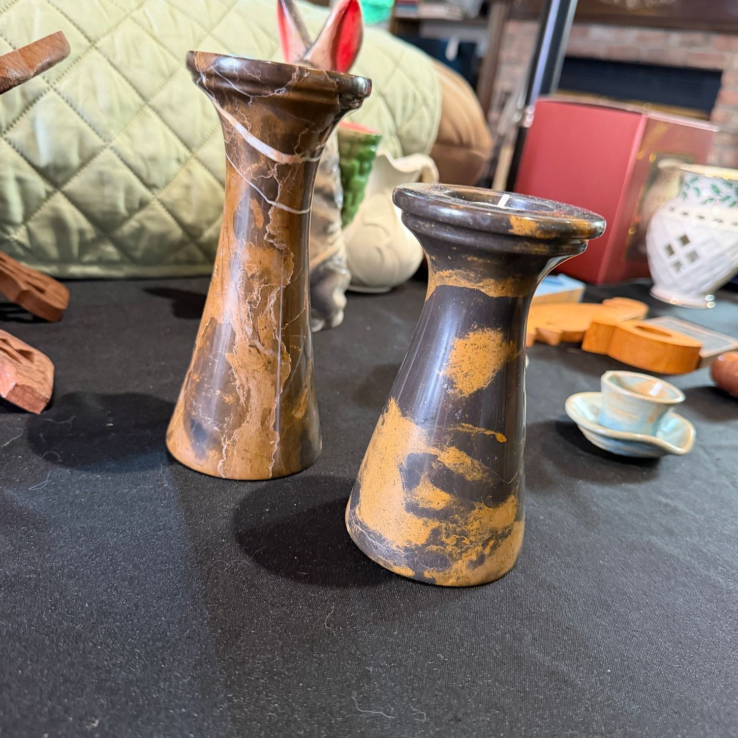 Pair of marble, stone, votive candle holders, the tallest is 6 Pair of marble, stone, votive candle holders, the tallest is 6"