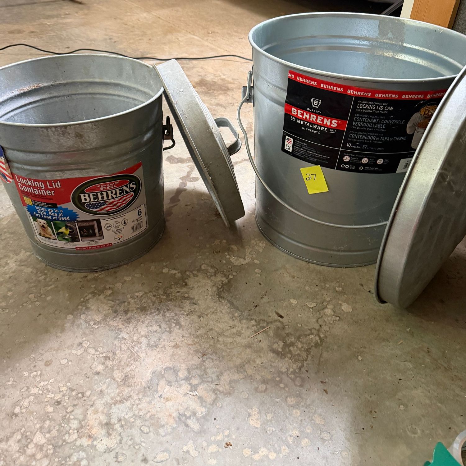 Lot #27, Behrens metal bins with lids, the small one shows some oxidation Lot #27, Behrens metal bins with lids, the small one shows some oxidation