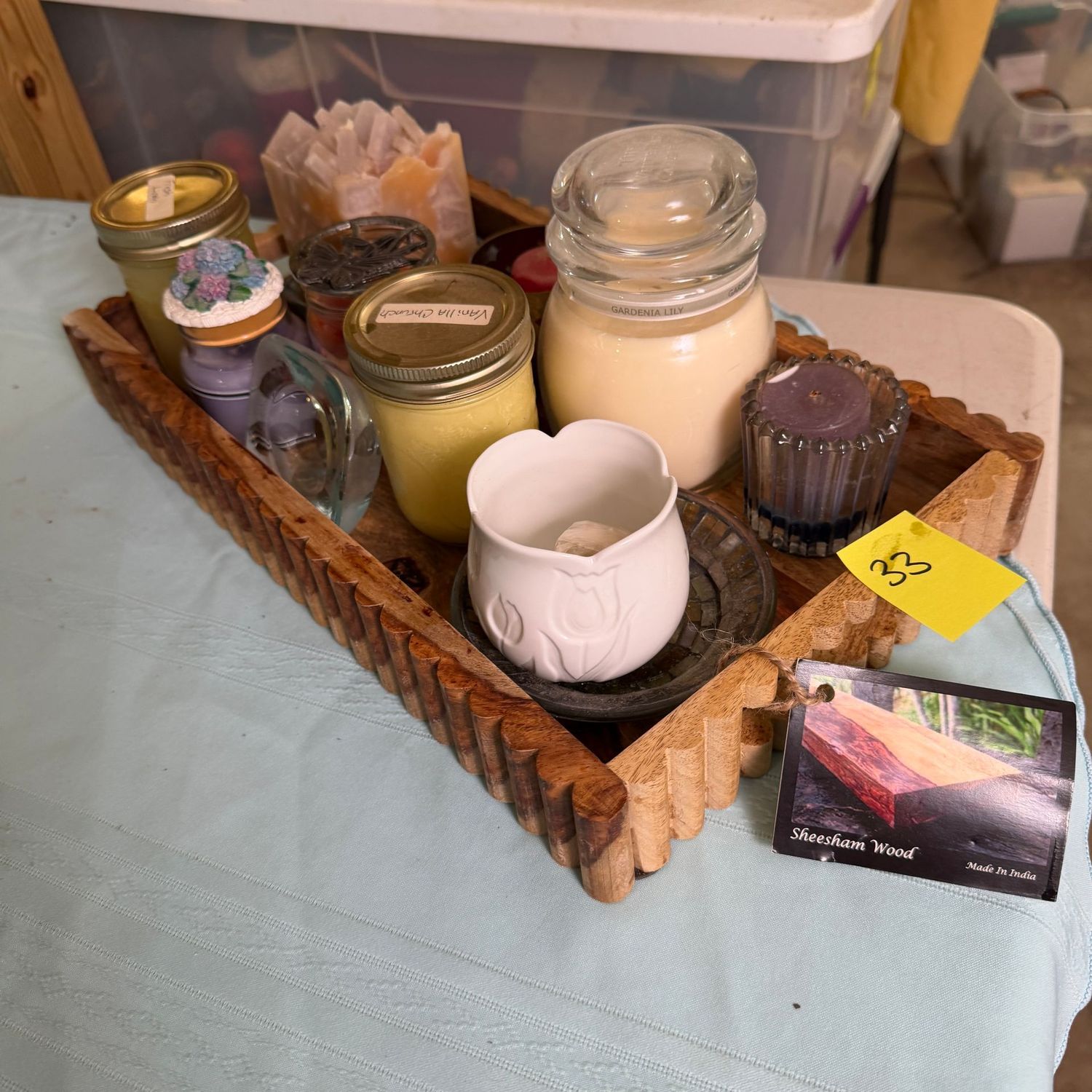 Lot #33, wooden 15 Lot #33, wooden 15" tray with small candles