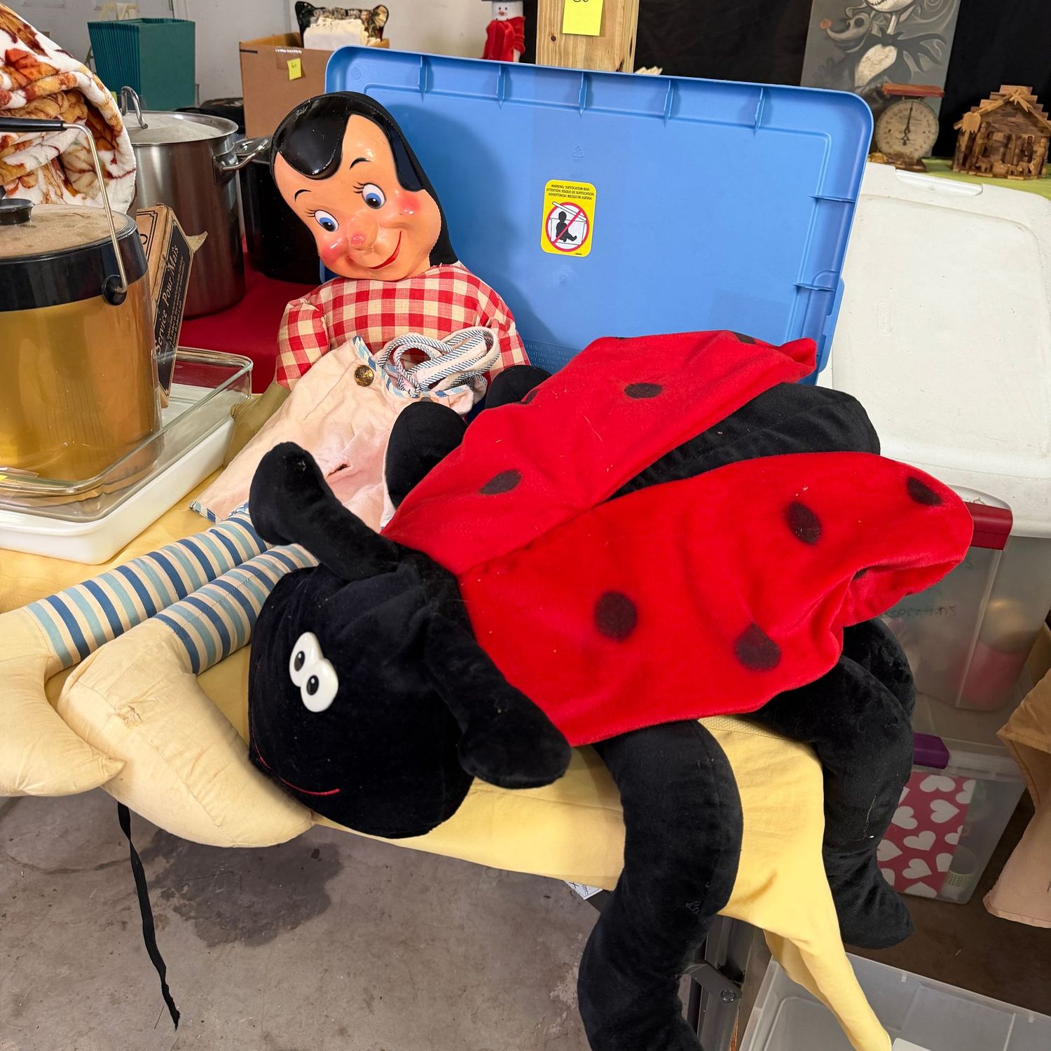 Lot #36, Vintage dancing doll and large plush ladybug Lot #36, Vintage dancing doll and large plush ladybug