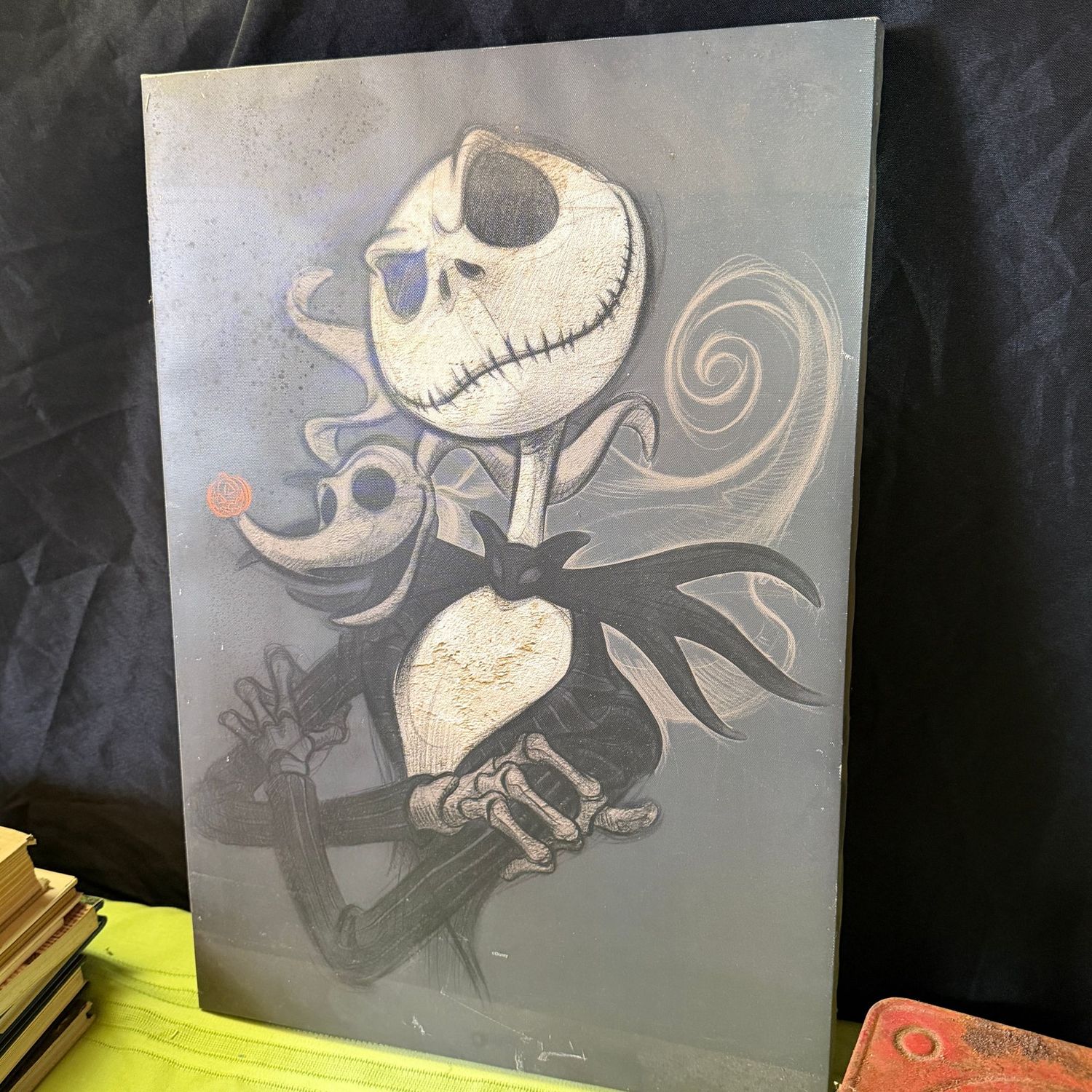 Jack Skellington and his dog print on canvas, needs light cleaning, 23 Jack Skellington and his dog print on canvas, needs light cleaning, 23" x 15"