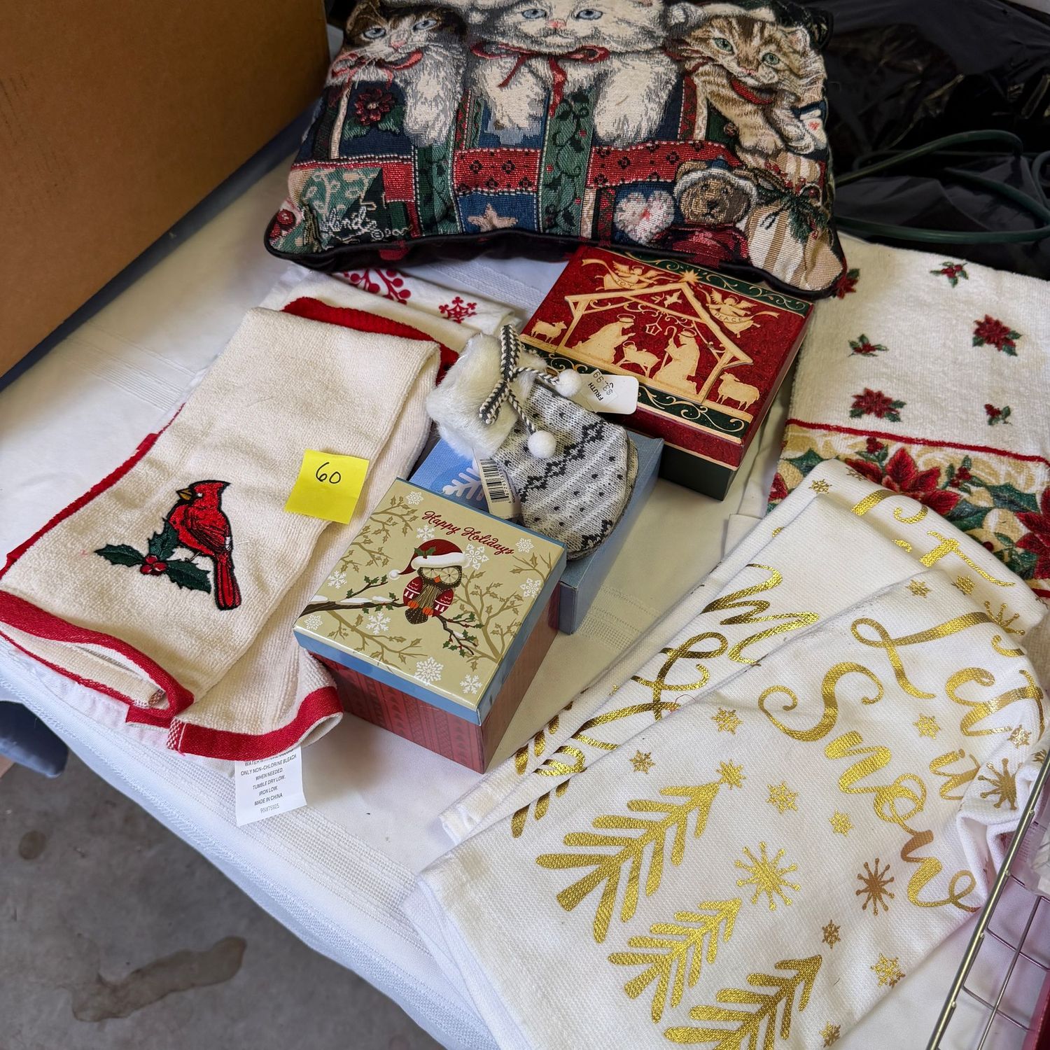 Lot #60, Christmas gift boxes, throw pillow, hand towels Lot #60, Christmas gift boxes, throw pillow, hand towels