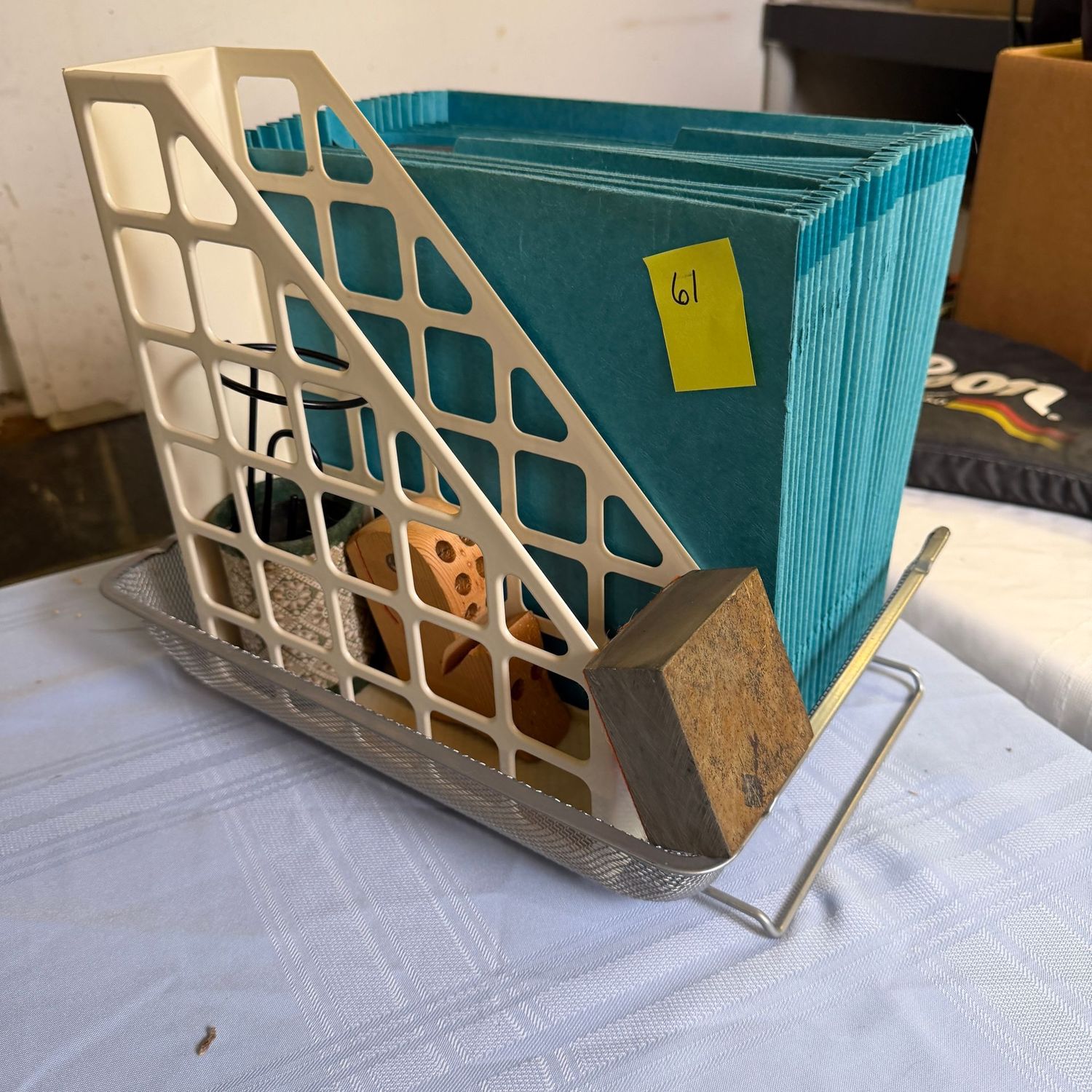 Lot #61, mesh office paper holder with magazine  holder, pen holders, paperweight