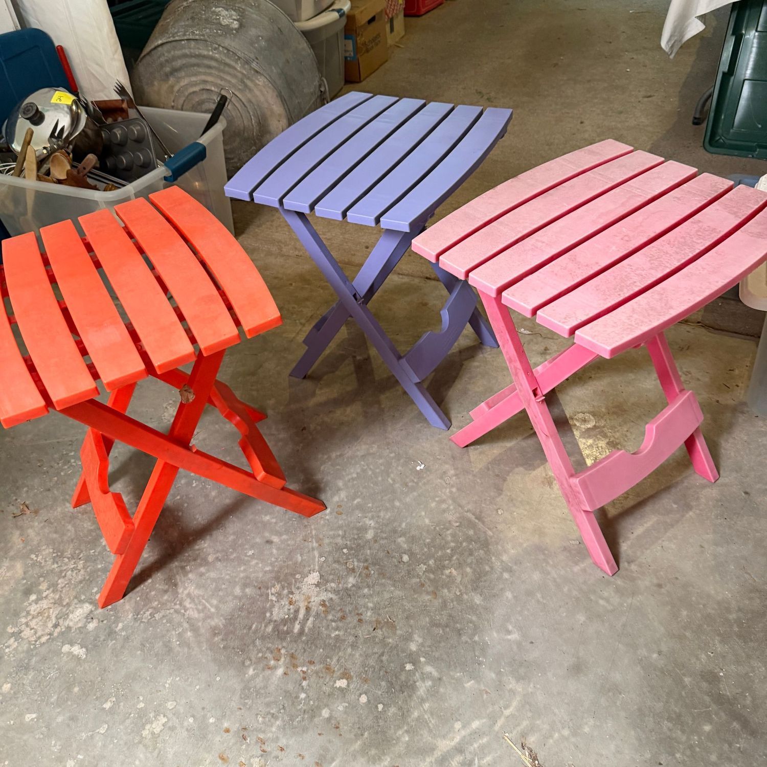 Group of 3 plastic patio tables, foldable, some wear, great for the beach or a camp Group of 3 plastic patio tables, foldable, some wear, great for the beach or a camp