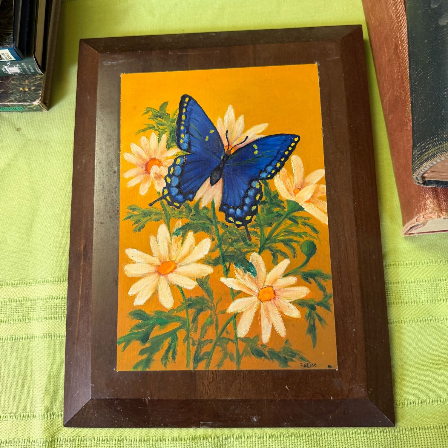 Butterfly and daisies on wood plaque, Geyer, 9x12 Butterfly and daisies on wood plaque, Geyer, 9x12