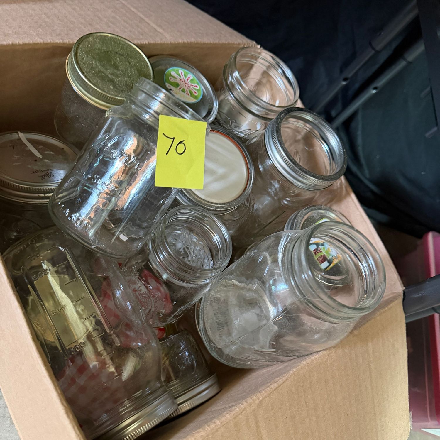 Lot #70, mid-size box of canning jars, variety of sizes, approx. 18 Lot #70, mid-size box of canning jars, variety of sizes, approx. 18