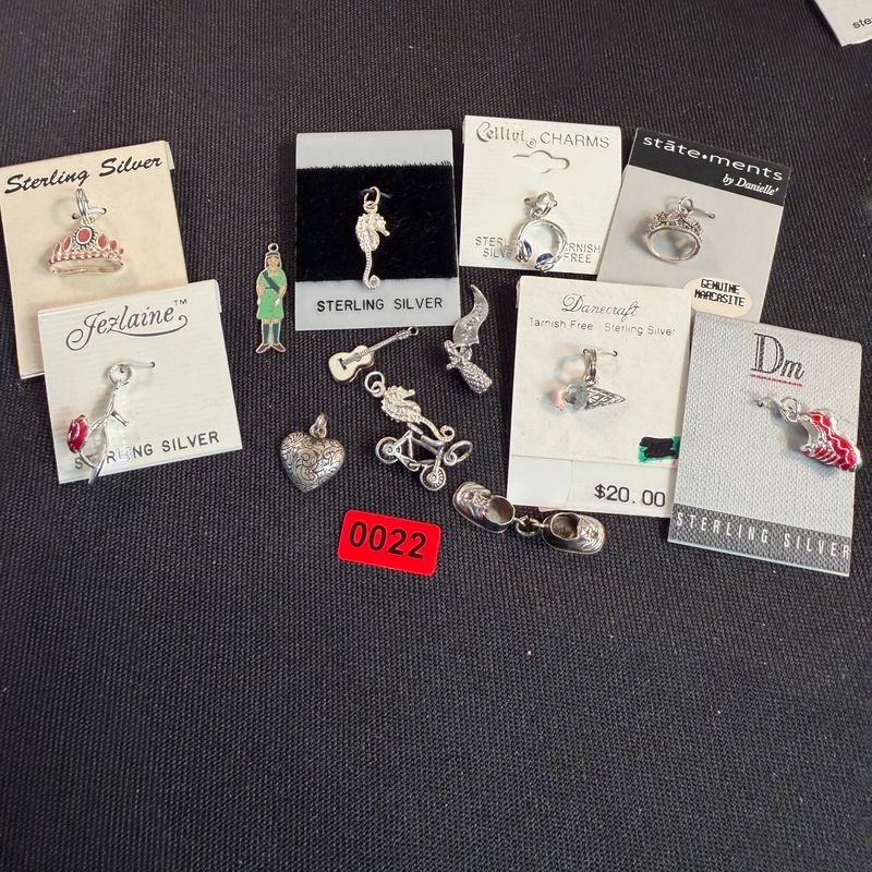Jewelry Lot R0022, sterling charms, crown, guitar, bike
