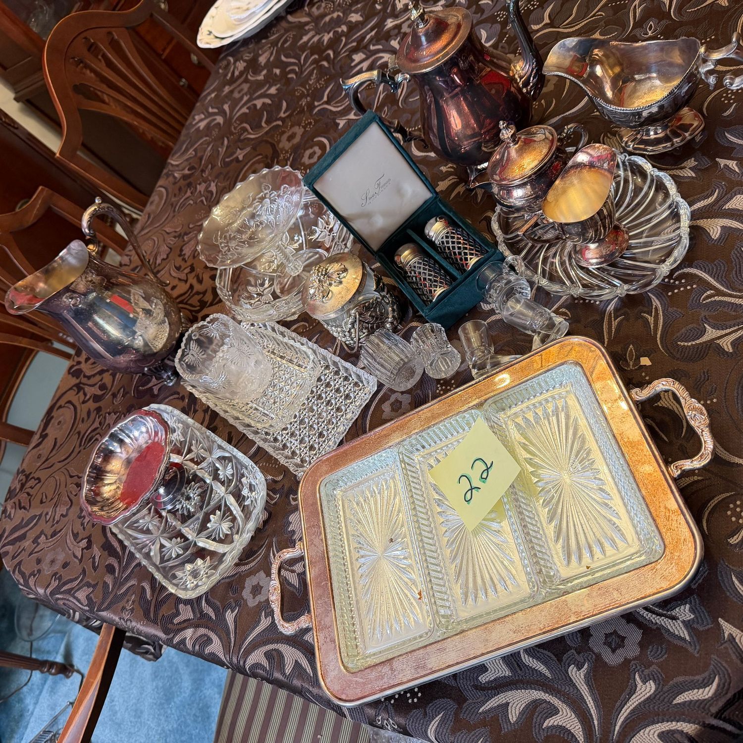 Box Lot (Wrapped) 22, silver-plated divided tray, pitcher, teapot, gravy, salt & pepper, crystal serving pieces Box Lot (Wrapped) 22, silver-plated divided tray, pitcher, teapot, gravy, salt & pepper, crystal serving pieces