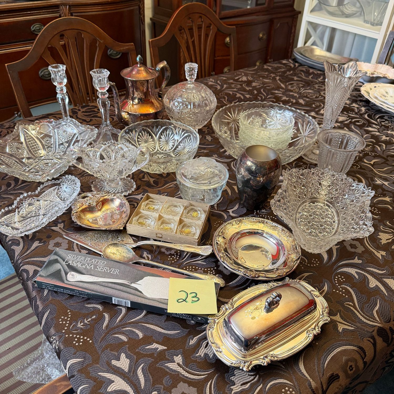 Box Lot (Wrapped) 23, vintage pressed glass serving pieces, vase, candlesticks, silver-plated teapot